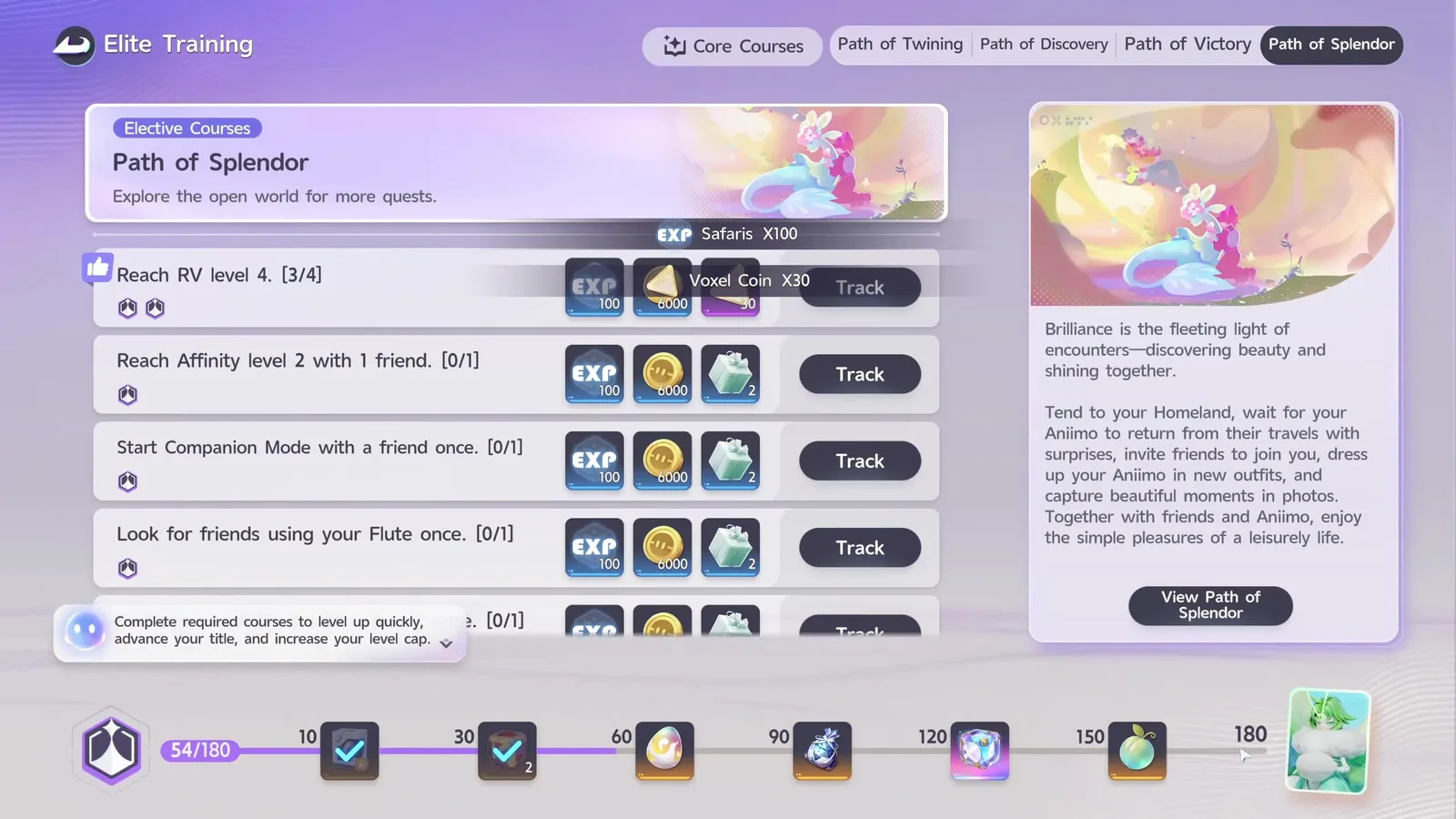 An Aniimo reward toast reading EXP Safaris X100 and Voxel Coin X30 over the Elite Training Path of Splendor tab, whose objectives each pay 100 EXP and 6,000 Credits