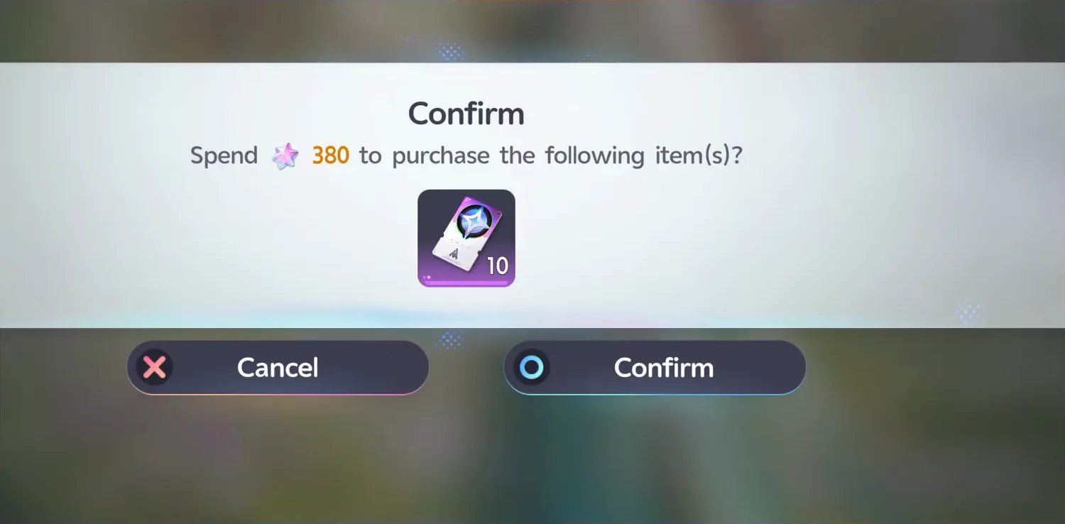 Aniimo Confirm prompt to spend 380 Lumin Crystals on a stack of 10 Lightweave tickets, the ticket icon marked 10 above Cancel and Confirm buttons