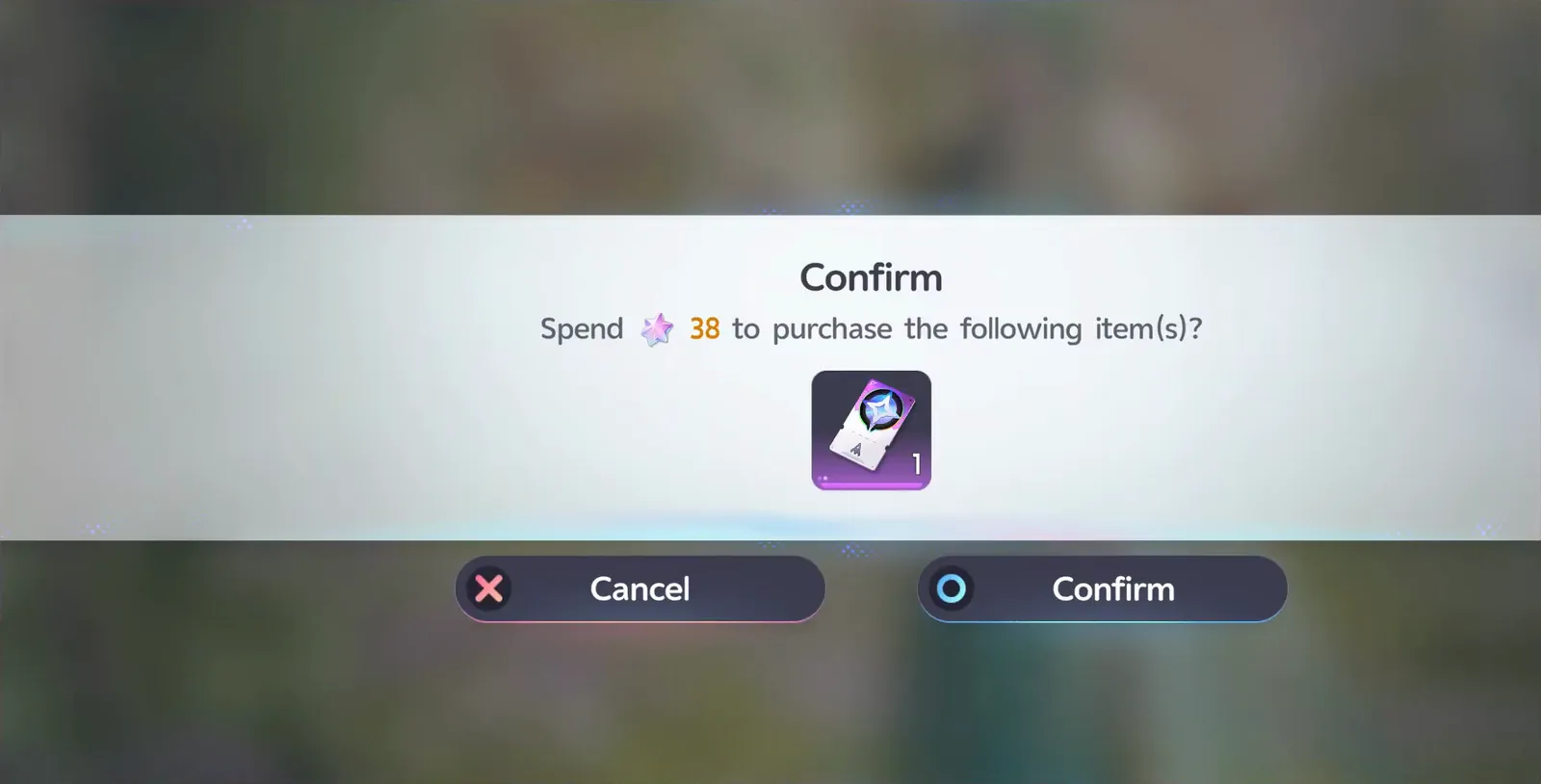 Aniimo Confirm prompt reading Spend 38 to purchase the following item(s)?, the pink Lumin Crystal icon and one purple Lightweave ticket, with Cancel and Confirm