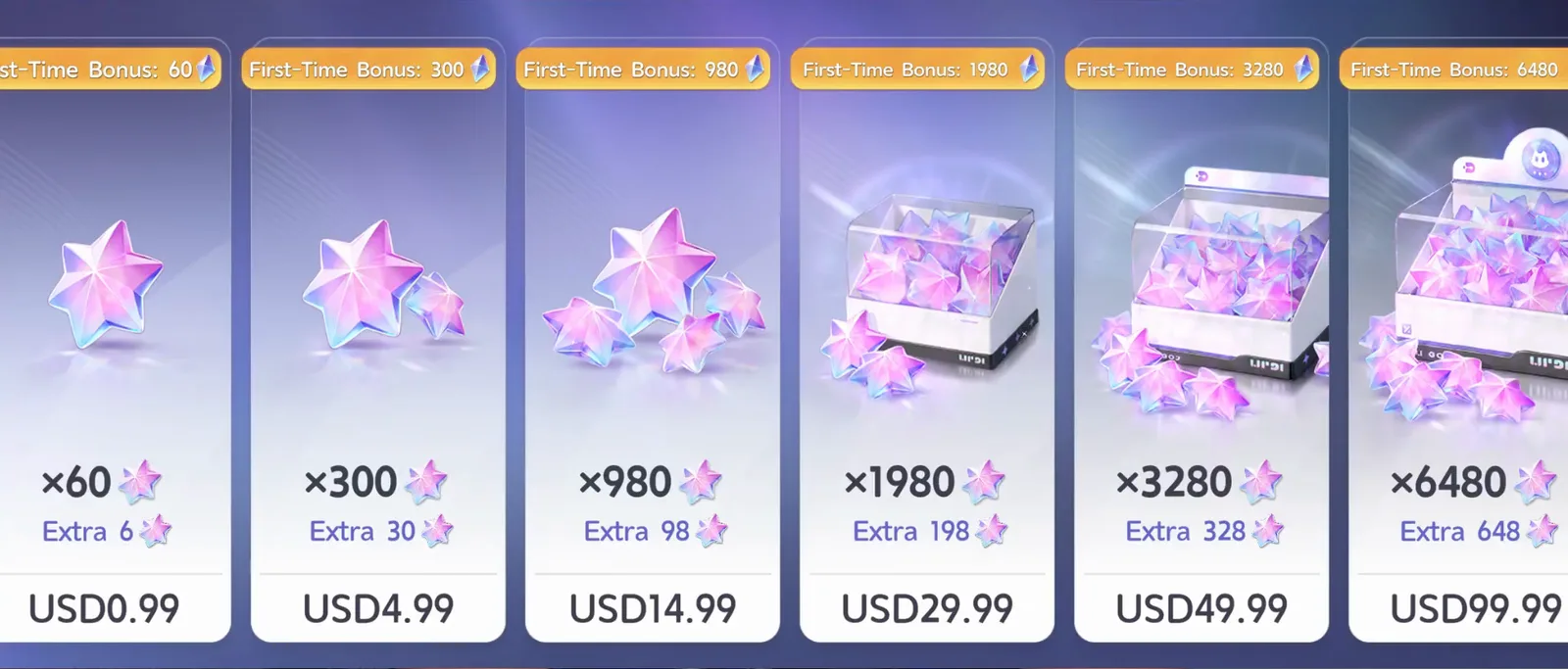 Aniimo Top-Up packs of Lumin Crystals: 60 for USD 0.99, 300 for 4.99, 980 for 14.99, 1980 for 29.99, 3280 for 49.99 and 6480 for 99.99, each with a 10% extra