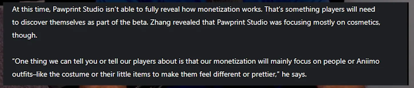 Aniimo June interview excerpt: Pawprint Studio focusing mostly on cosmetics, and Zhang saying monetization will mainly focus on people or Aniimo outfits
