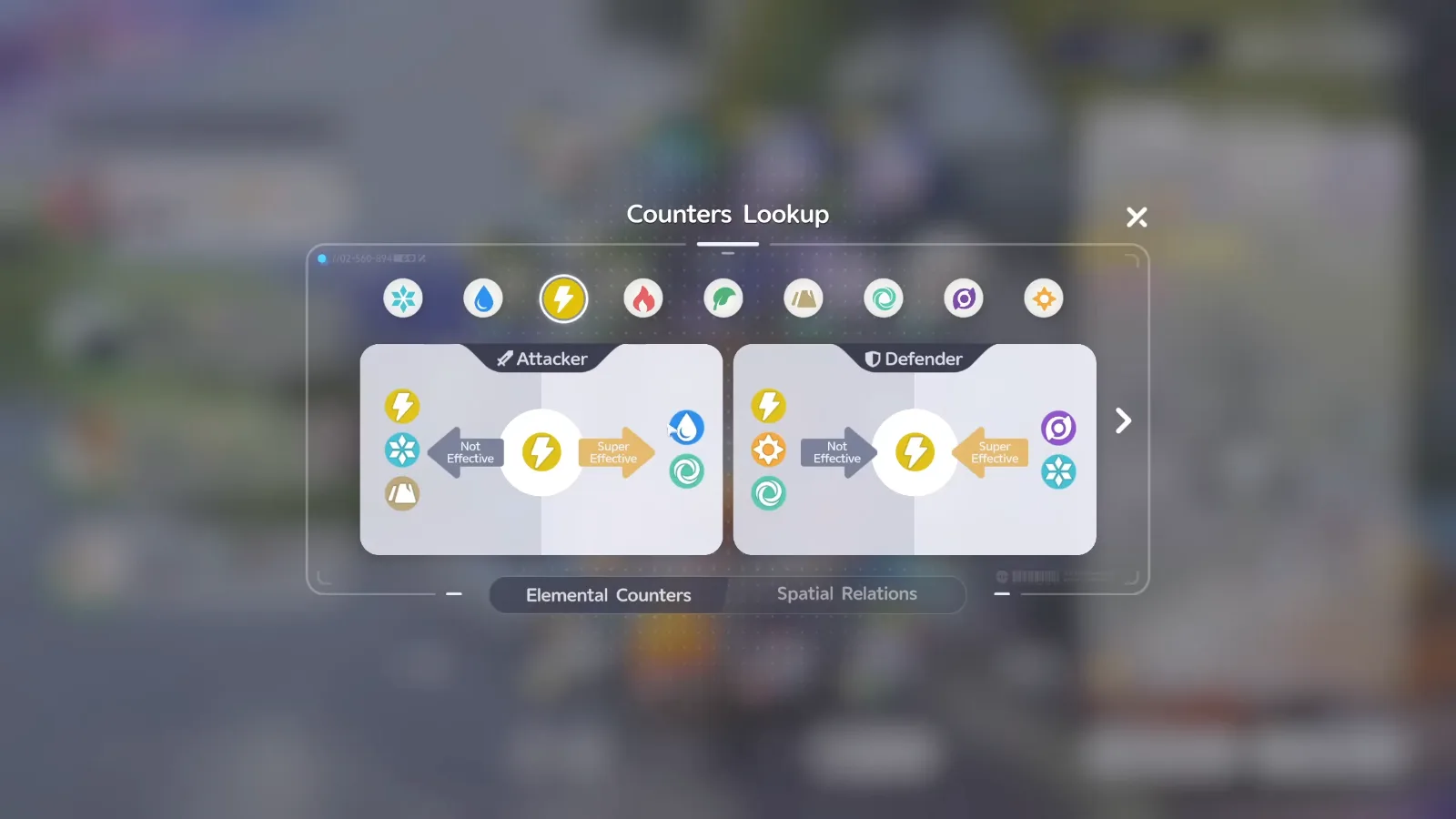 Aniimo Counters Lookup with Lightning selected: super effective on Water and Wind, not effective on Lightning, Ice and Earth, weak to Dark and Ice