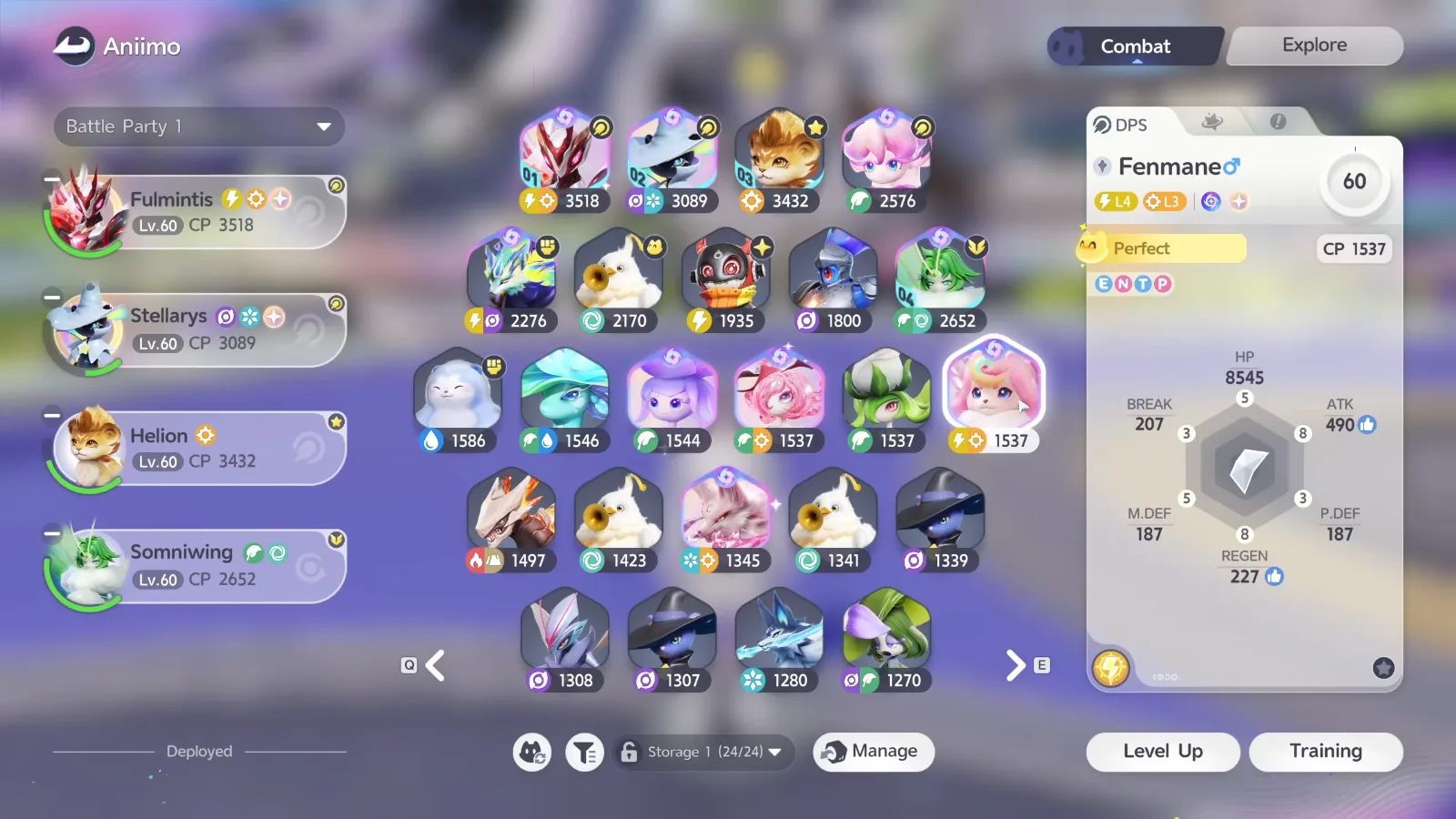 Lex’s Prismana Fenmane in the Aniimo party screen, Lightning and Light, Lv.60, CP 1537, HP 8545, ATK 490, as another Lightning DPS