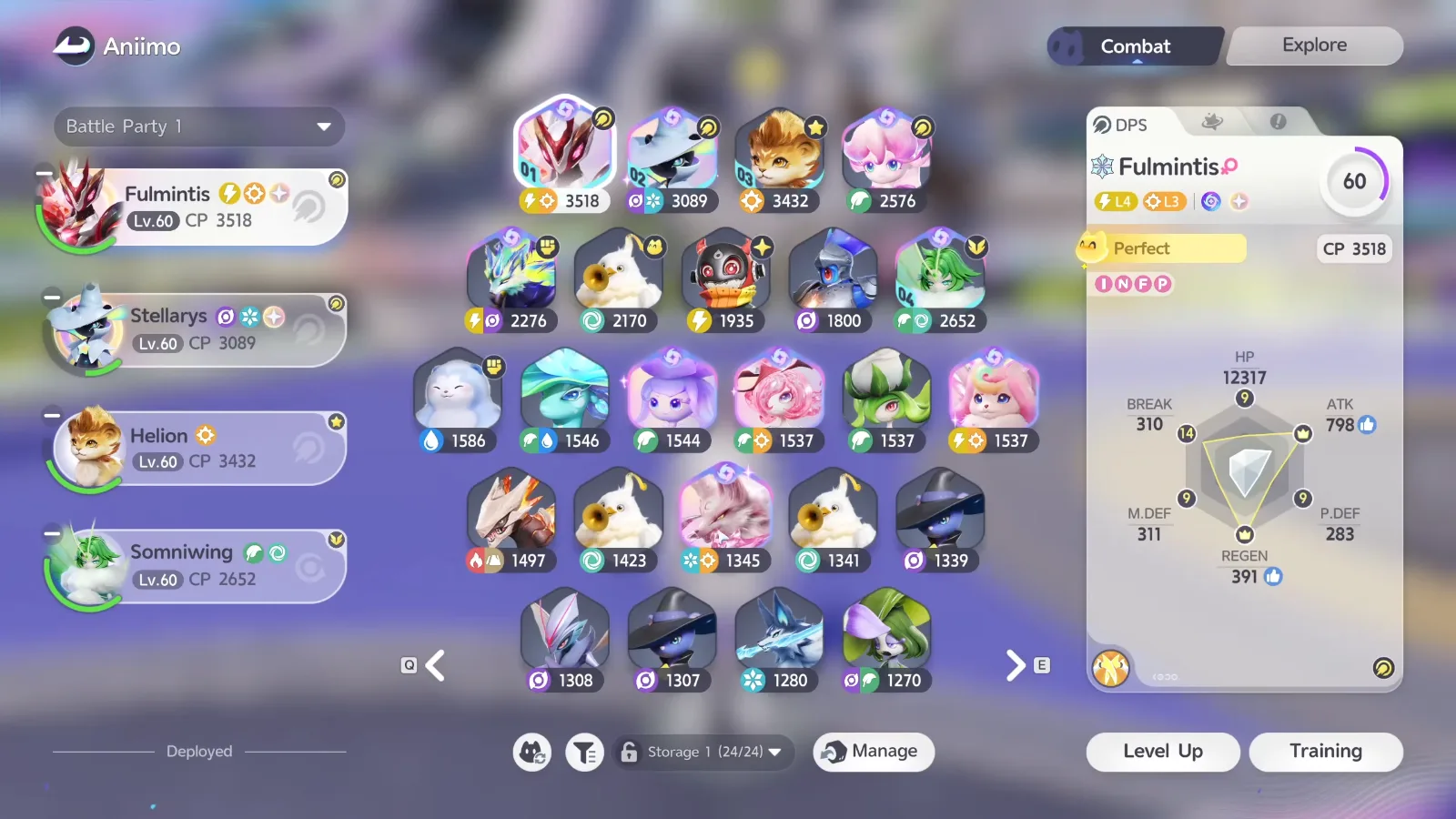 Prismana Fulmintis in Lex’s Aniimo party screen: Lv.60, CP 3518, Perfect, HP 12317, ATK 798, BREAK 310, P.DEF 283, M.DEF 311, REGEN 391