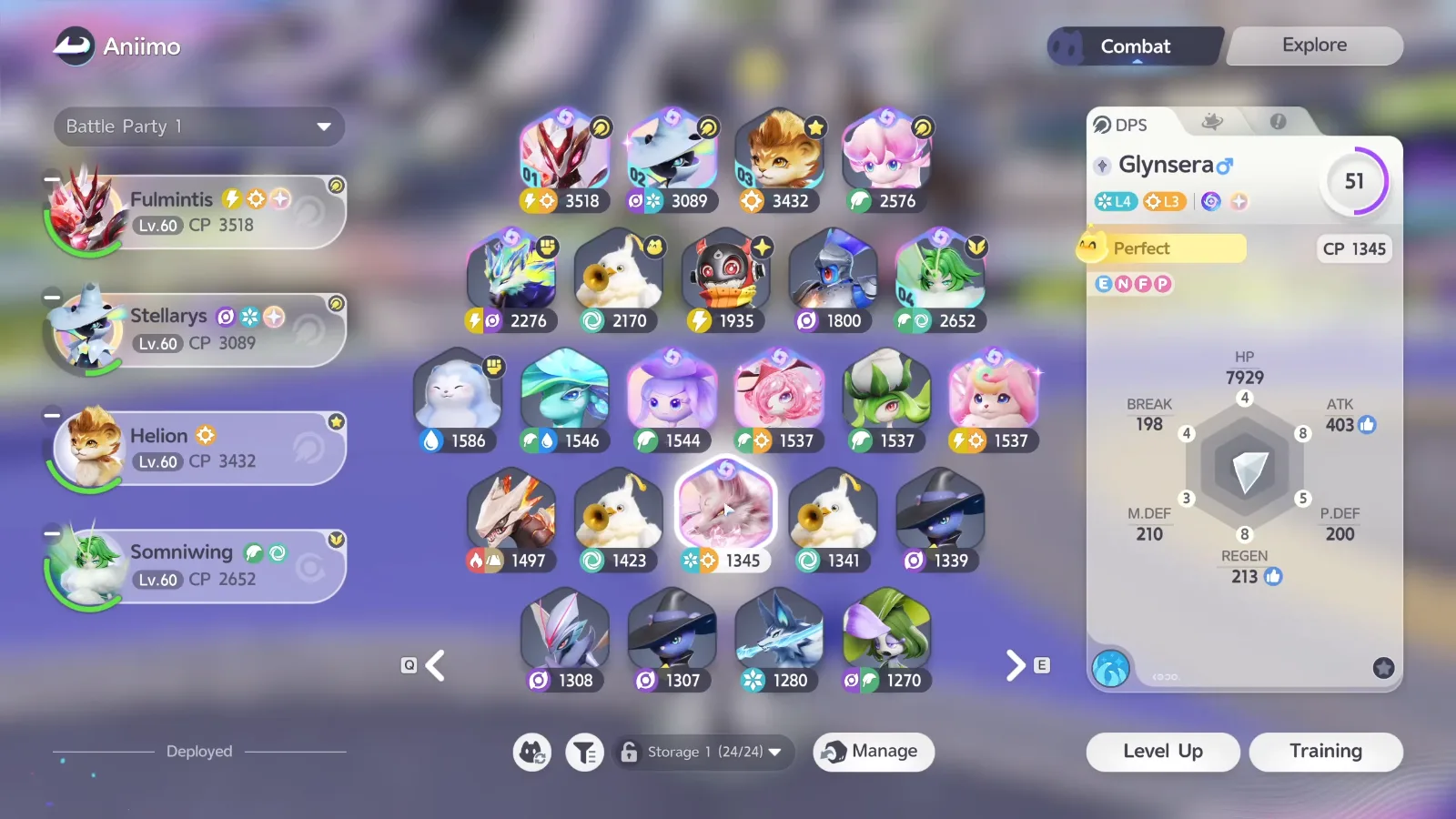 Lex’s Prismana Glynsera in the Aniimo party screen, Ice and Light, Lv.51, CP 1345, ATK 403, shown as a stand-in for Fulmintis