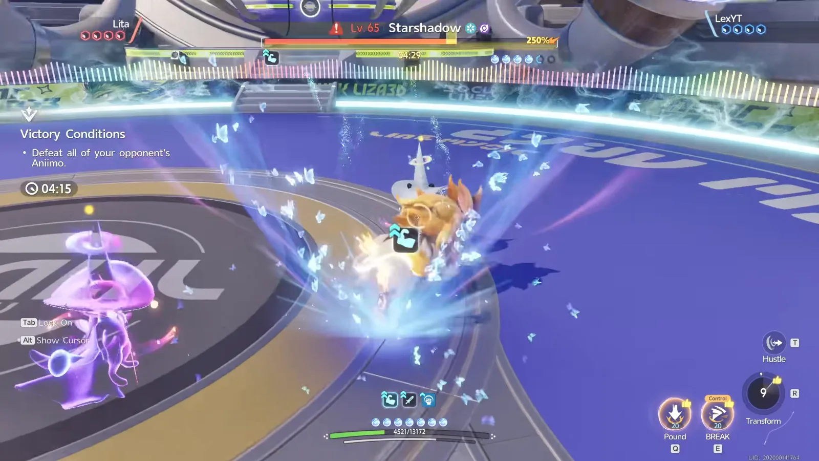 Helion hitting Lita’s Starshadow in the Aniimo rematch at 04:15, Helion down to 4521 of 13172 HP with Pound and BREAK skills on cooldown