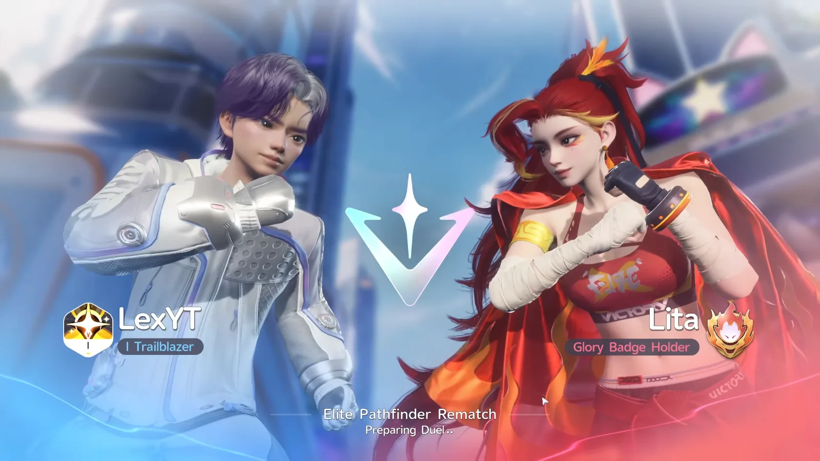 Aniimo Elite Pathfinder Rematch loading screen: LexYT, I Trailblazer, facing Lita, Glory Badge Holder, above the words Preparing Duel
