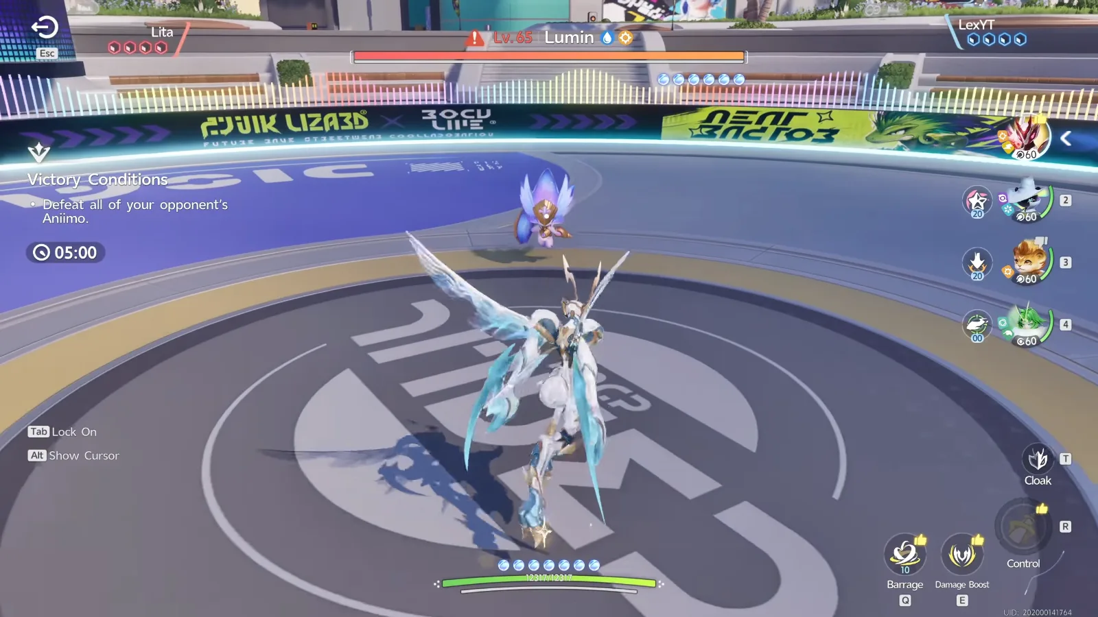 Lita’s Lv.65 Lumin, a Prismana Sherro with Water and Light icons, opening the Aniimo rematch against Lex’s Fulmintis at 05:00