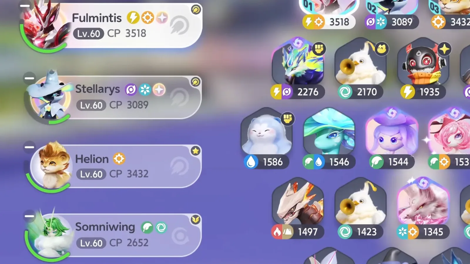 Lex’s Aniimo battle party for Lita: Fulmintis CP 3518, Stellarys CP 3089, Helion CP 3432 and Somniwing CP 2652, all Lv.60