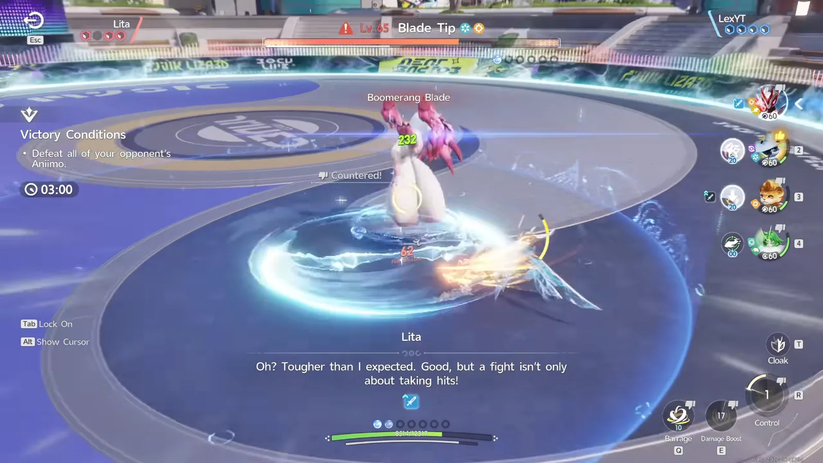 Lita’s Blade Tip using Boomerang Blade on Fulmintis in Aniimo at 03:00, with Lita saying Oh? Tougher than I expected