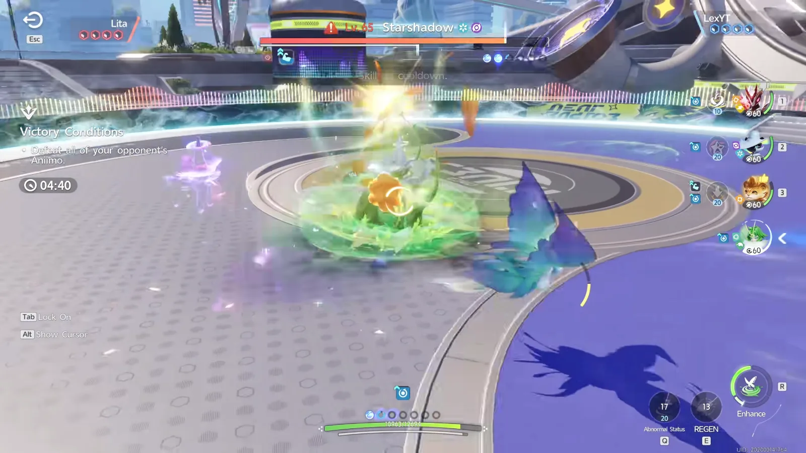 Somniwing on the field against Lita’s Lv.65 Starshadow, a Prismana Stellarys with Ice and Dark icons, in Aniimo at 04:40