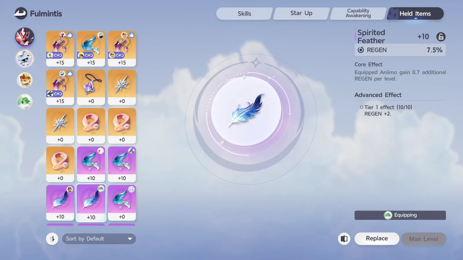 Spirited Feather +10 equipped on Somniwing in Aniimo: REGEN 7.5%, 0.7 REGEN per level, tier 1 effect REGEN +2