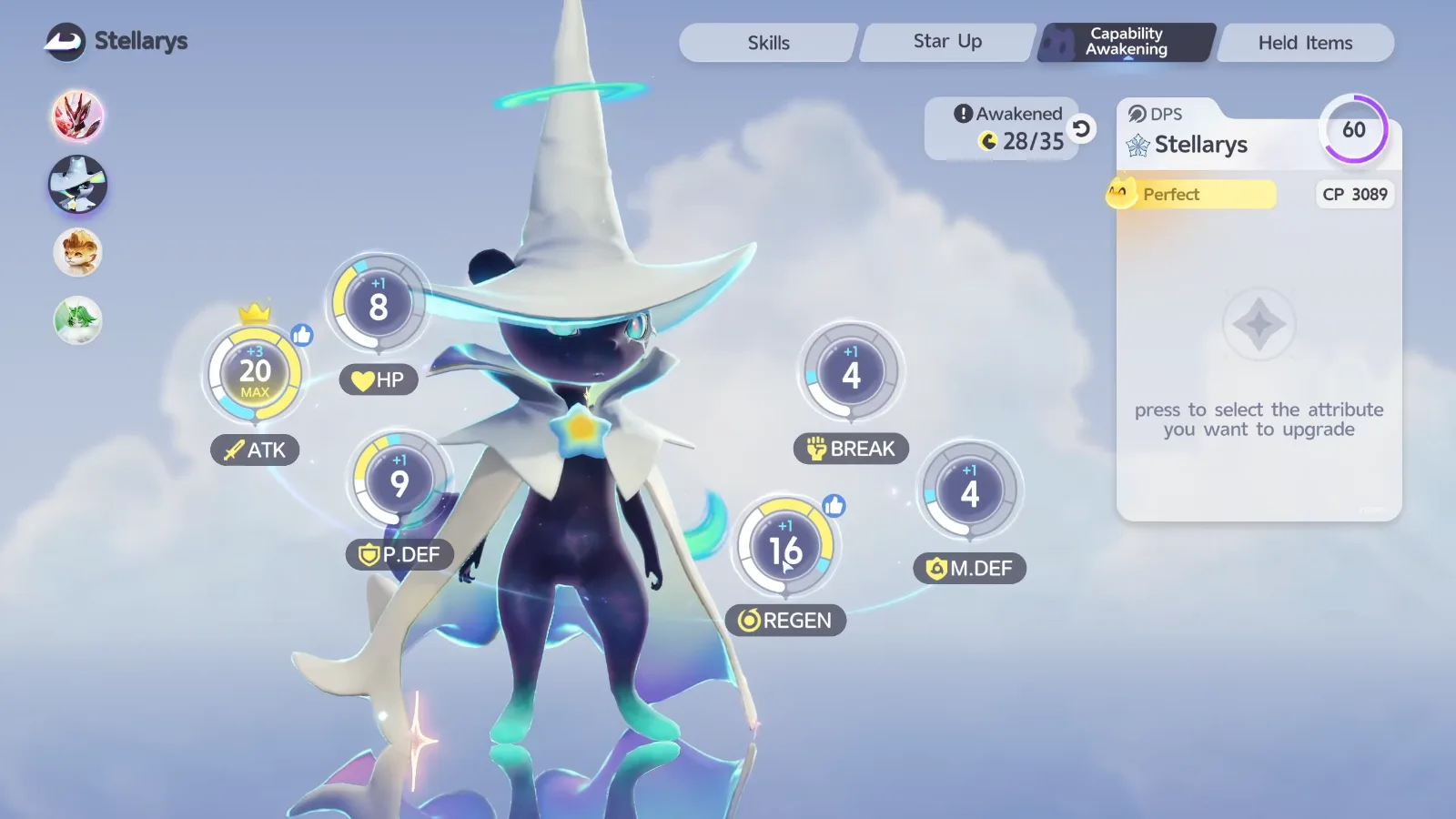 Stellarys Capability Awakening in Aniimo, Awakened 28/35: ATK 20 MAX, REGEN 16, P.DEF 9, HP 8, BREAK 4, M.DEF 4