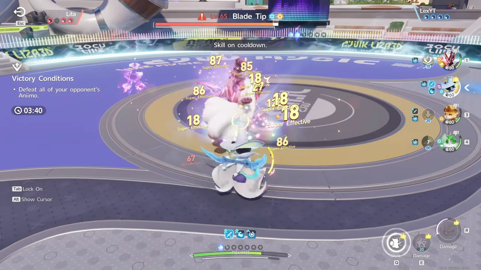 Stellarys landing Super Effective hits on Lita’s Blade Tip, a Prismana Glynsera with Ice and Light icons, in Aniimo at 03:40