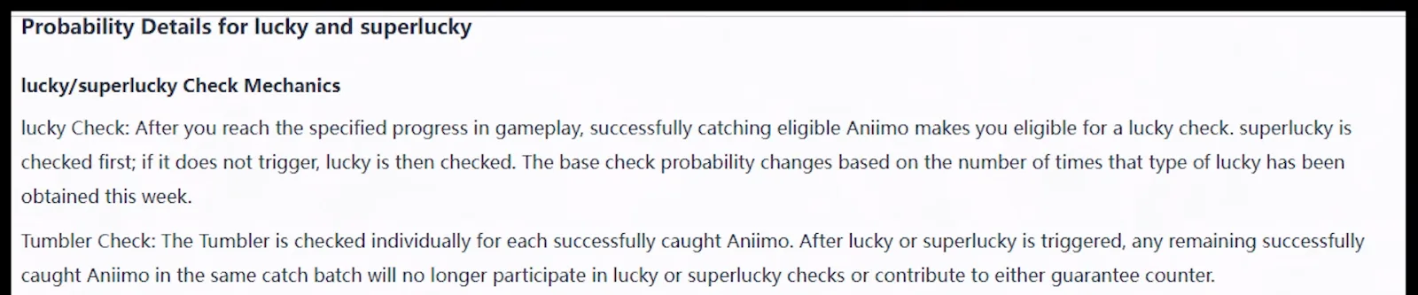 Aniimo lucky/superlucky Check Mechanics rule text: catching eligible Aniimo gives a lucky check, superlucky is checked first, odds change with the weekly count