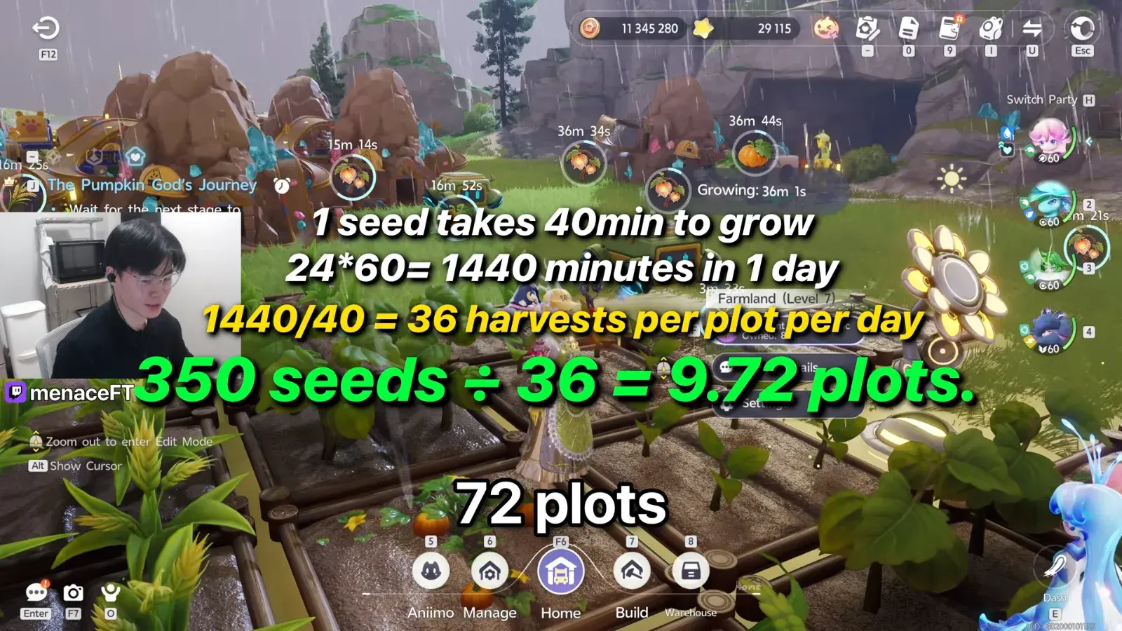menaceFT’s Aniimo arithmetic over his farm: 1 seed takes 40min, 1440 minutes a day, 36 harvests per plot per day, 350 seeds divided by 36 is 9.72 plots