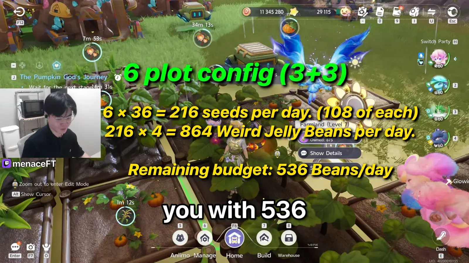 menaceFT’s Aniimo 6 plot config 3+3 over his pumpkin farm: 216 seeds per day, 108 of each, 864 Weird Jelly Beans per day, remaining budget 536 beans