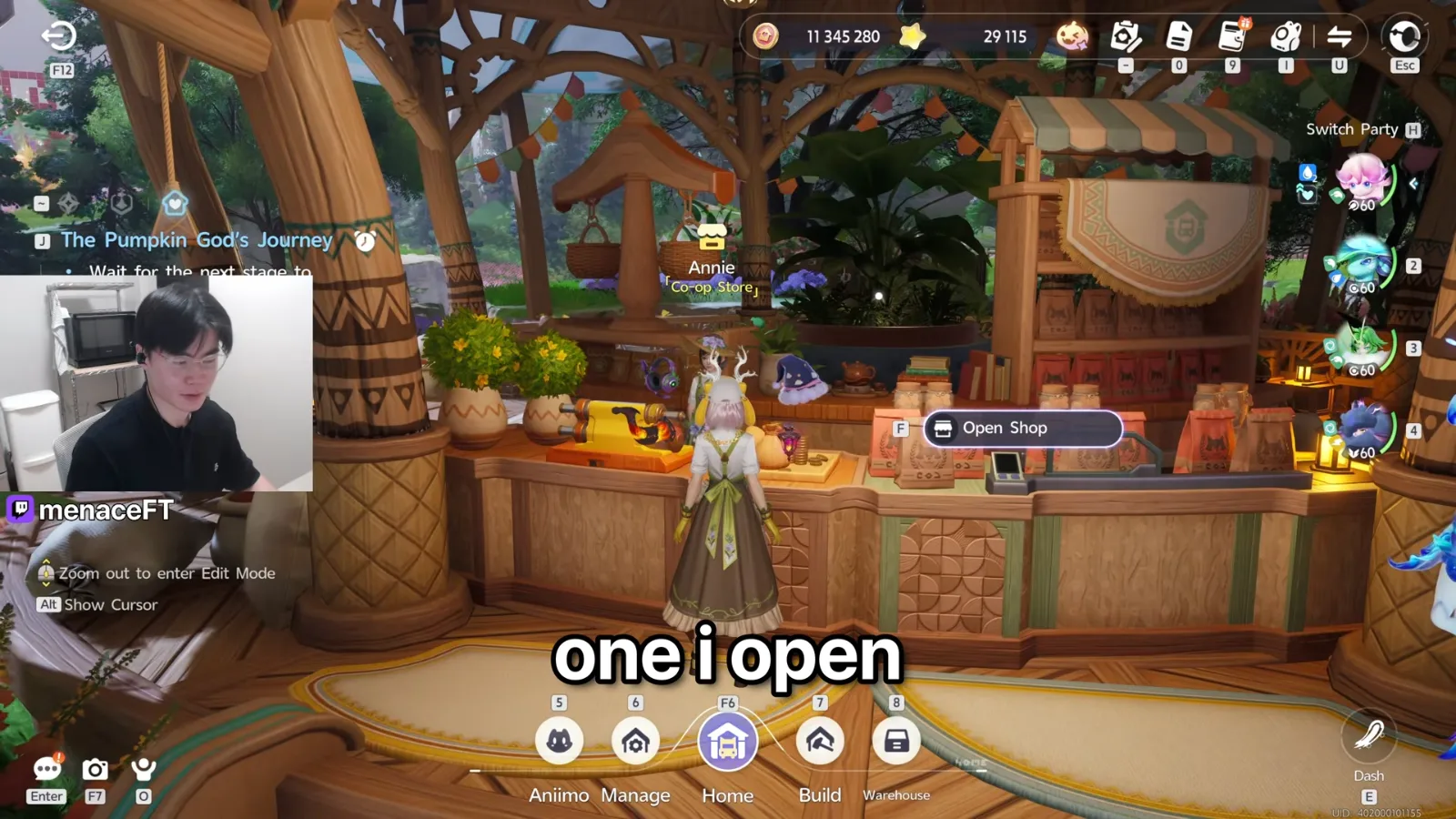 Annie at the Aniimo Co-op Store counter in menaceFT’s Home, with the Open Shop prompt where event furniture used to sell for Bud Tickets