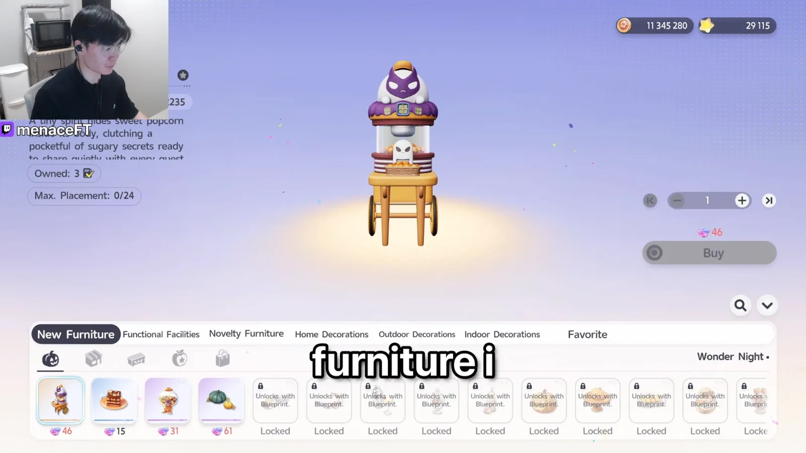 Aniimo Furniture Store, Wonder Night tab, Ghostly Aroma popcorn cart selected: Owned 3, Max. Placement 0/24, price 46 Weird Jelly Beans
