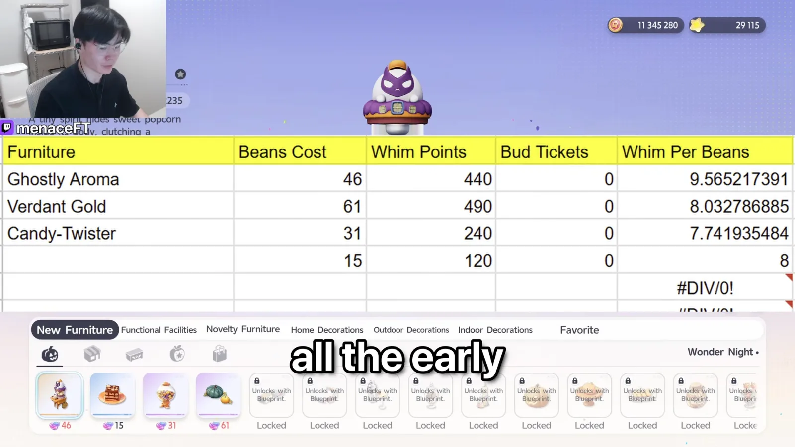 menaceFT’s Aniimo Whimsy per bean table: Ghostly Aroma 46 beans for 440 at 9.57, Verdant Gold 61 for 490 at 8.03, Candy-Twister 31 for 240 at 7.74