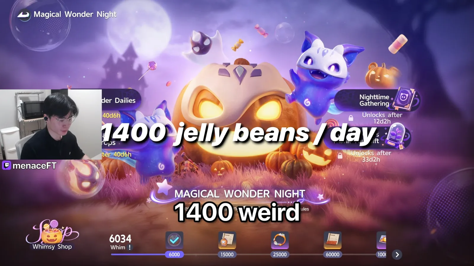 Aniimo Magical Wonder Night hub with the Pumpkin God jack-o’-lantern, Nighttime Gathering unlocking after 12d2h, 6034 Whim and the 6000 to 100000 ladder