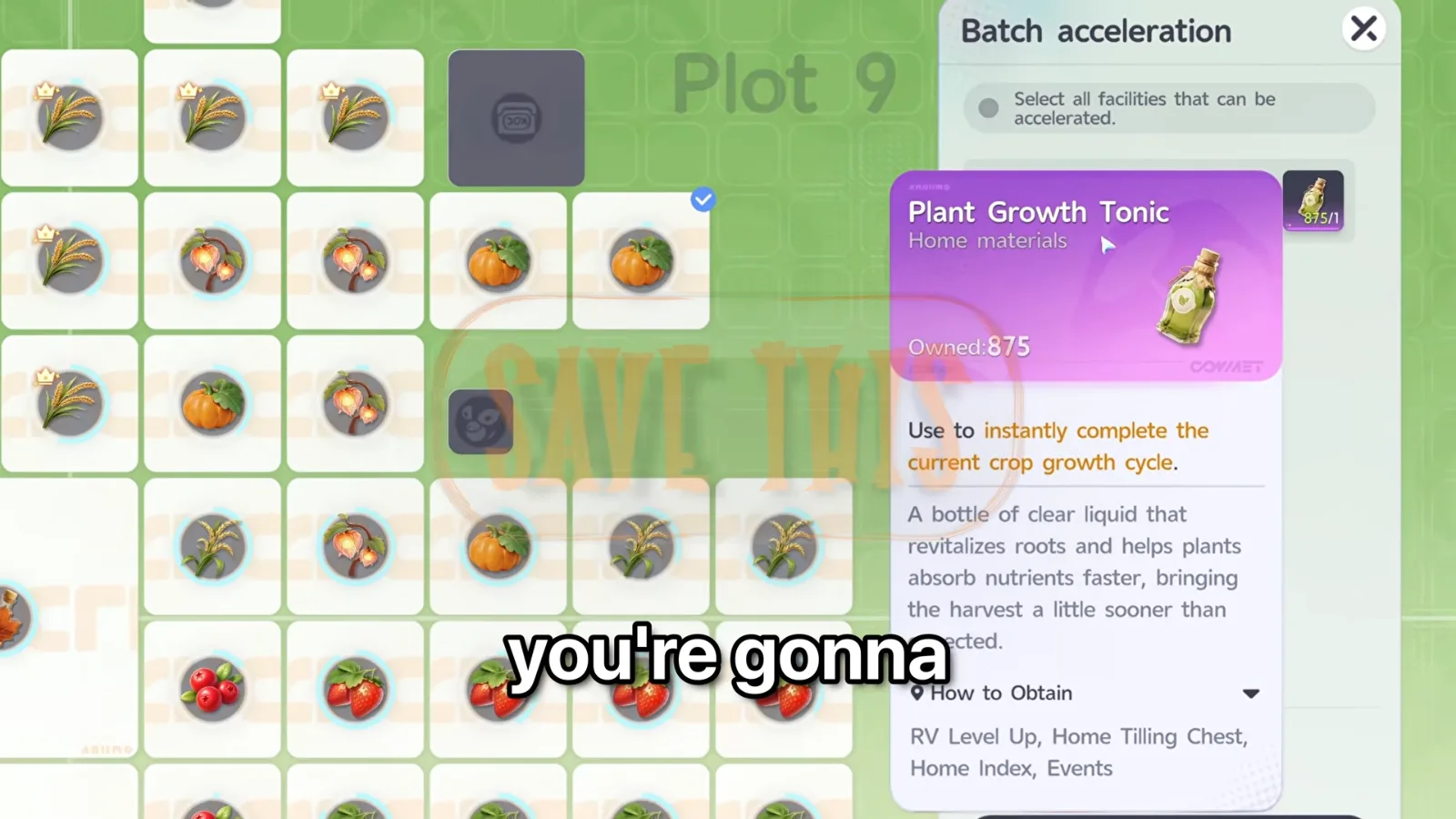 Aniimo Plant Growth Tonic card in Batch acceleration, Owned 875: Use to instantly complete the current crop growth cycle, obtained from RV Level Up and Home Tilling Chest