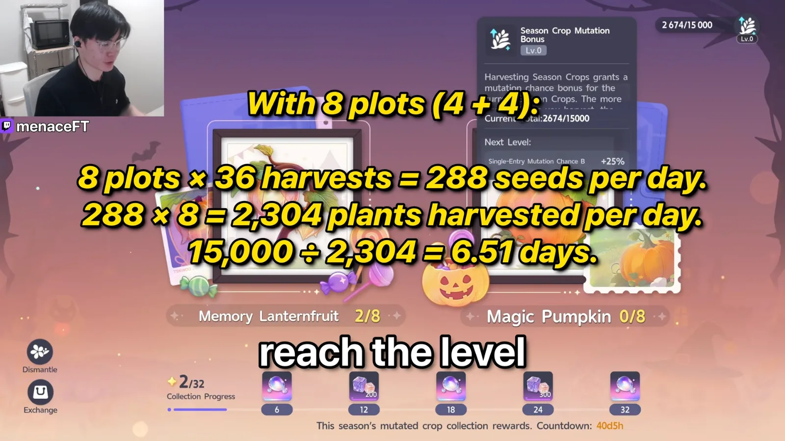 Aniimo Season Crop Mutation Bonus Lv.0 at 2674/15000, Single-Entry Mutation Chance +25%, Memory Lanternfruit 2/8, Magic Pumpkin 0/8, 2/32 collection