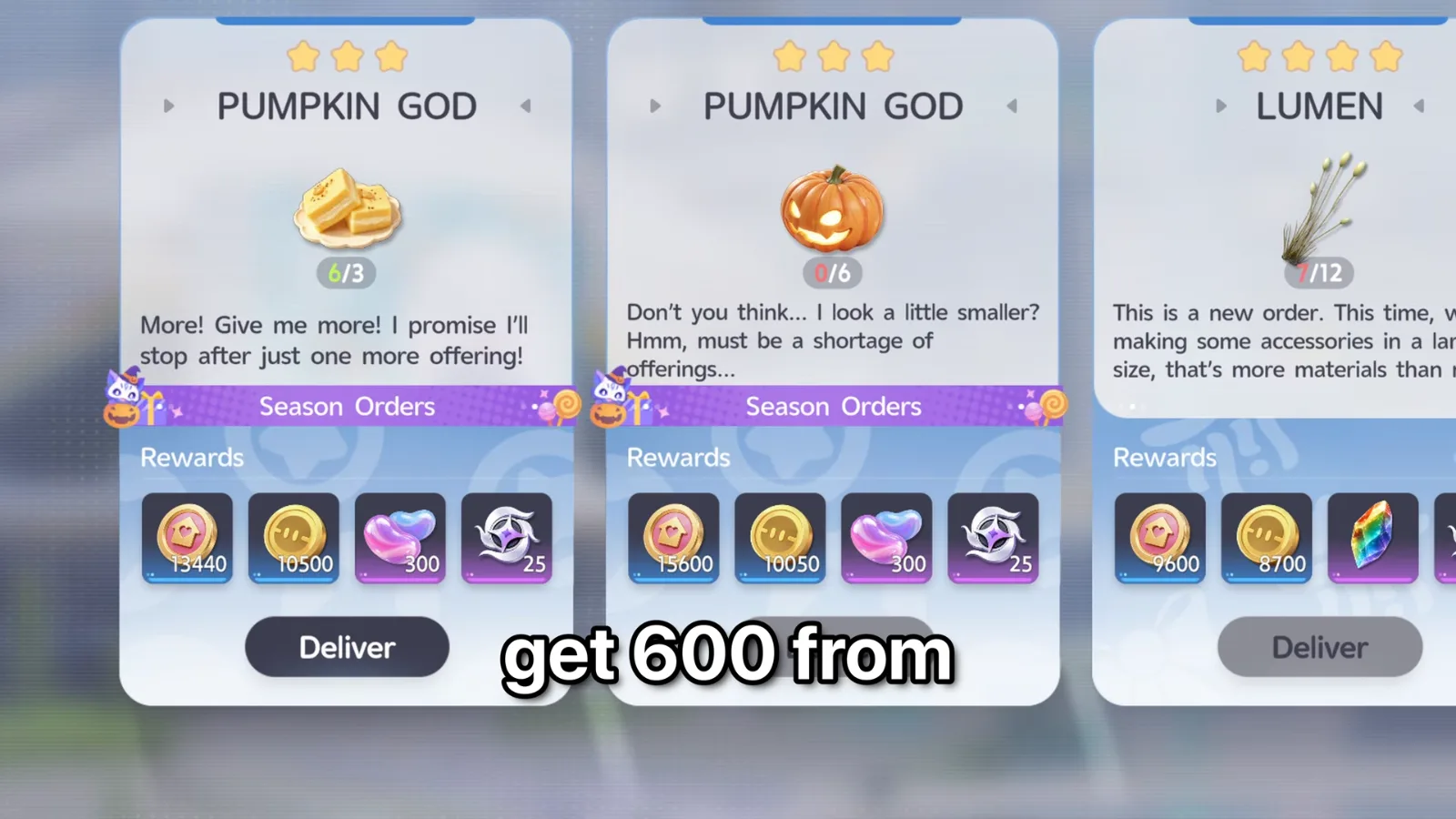 Two Aniimo Season Orders from the Pumpkin God, 3 Magic Pumpkin Cake and 6 Magic Pumpkin Lantern, each paying 300 Weird Jelly Beans with 13440 and 15600 Home Coin