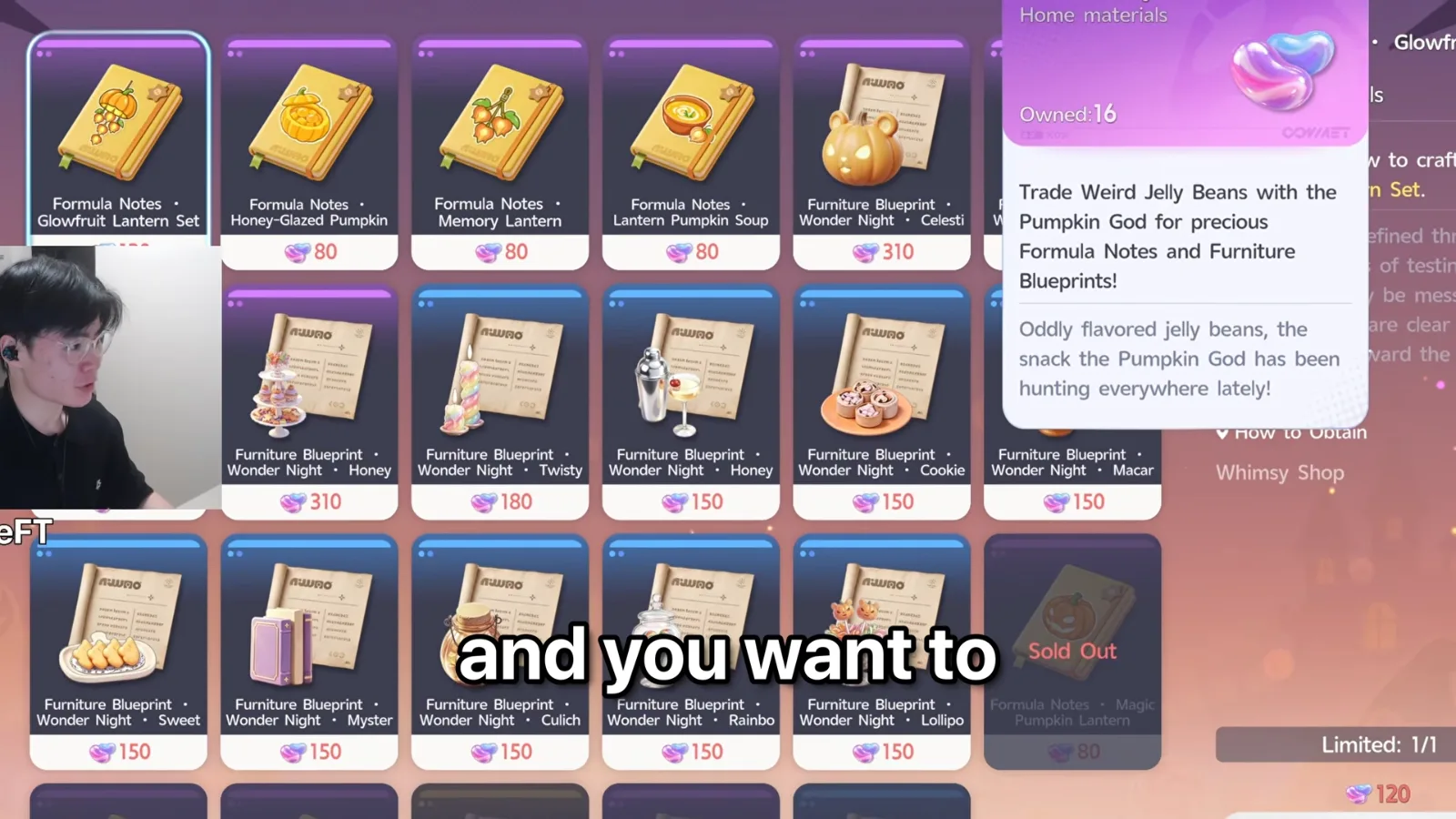 Aniimo Whimsy Shop with the Weird Jelly Beans tooltip, Formula Notes at 80 beans, Wonder Night furniture blueprints at 310, 180 and 150, and one note Sold Out