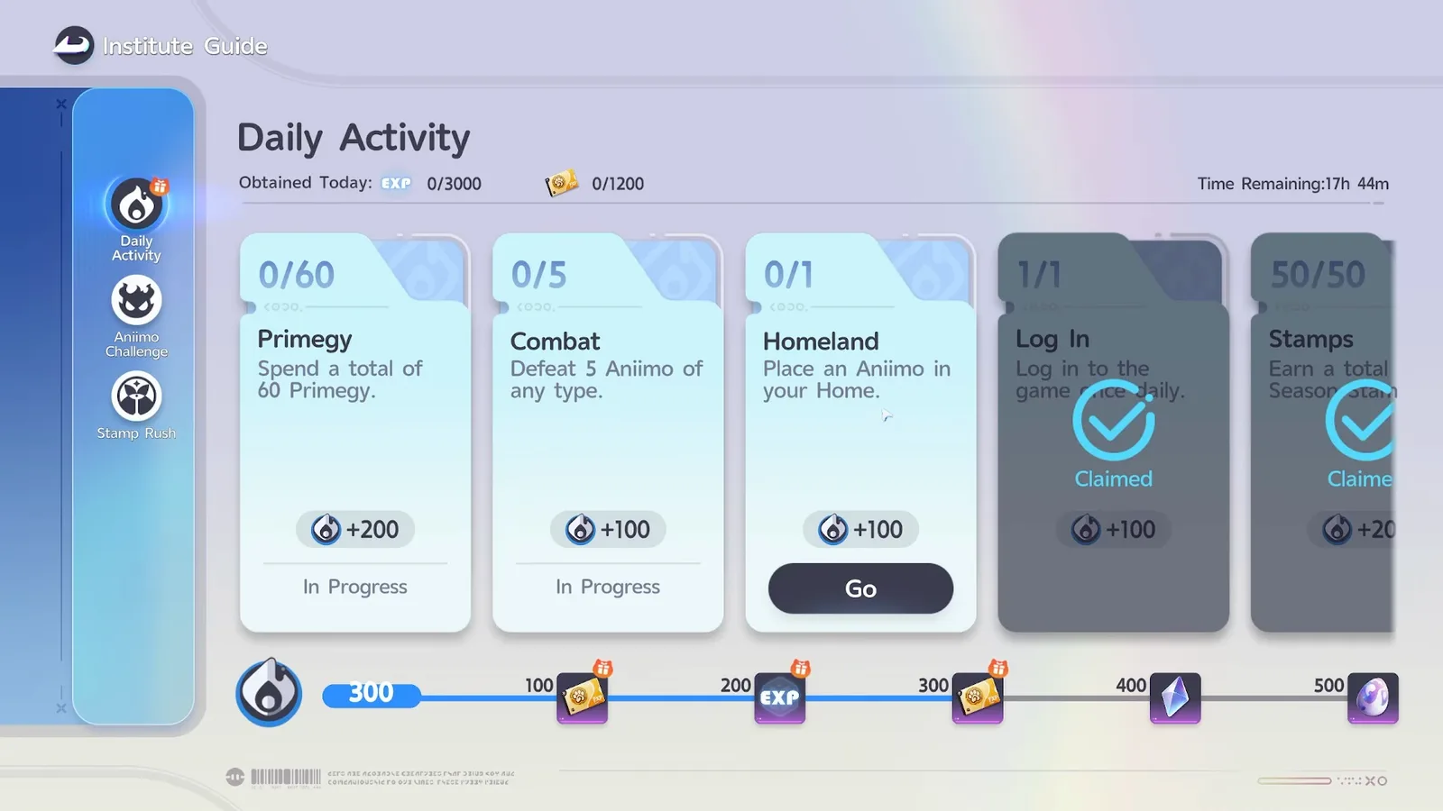 The Daily Activity tab of Aniimo’s Institute Guide showing five task cards, Primegy at plus 200, Combat and Homeland at plus 100, Log In and Stamps claimed, above a reward track at 300 of 500