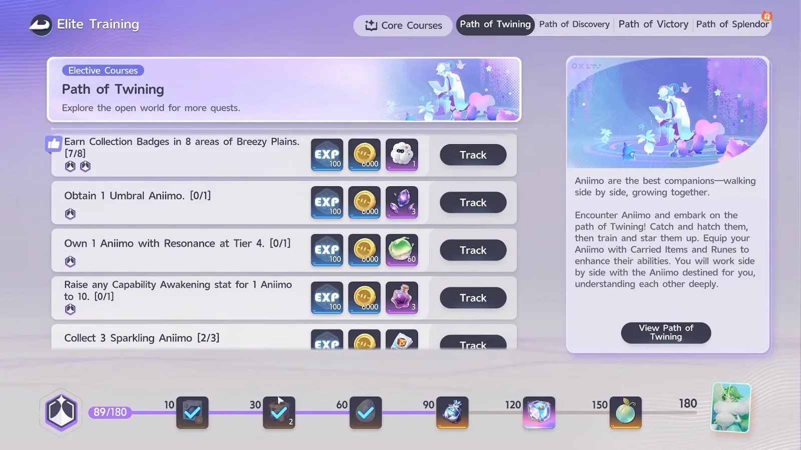 Aniimo’s Elite Training on the Path of Twining tab, marked Elective Courses, its objectives listed with Track buttons and the shared 89 of 180 reward track along the bottom