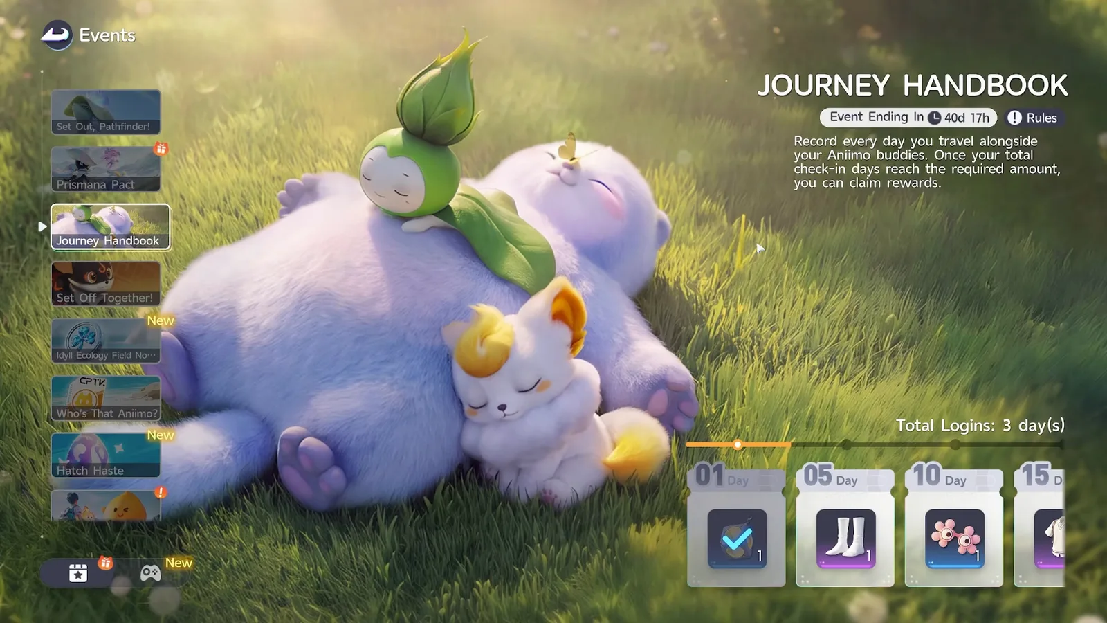 The Journey Handbook panel in Aniimo reading Total Logins: 3 day(s) with Event Ending In 40d 17h, above the cosmetic reward cards at 01, 05, 10 and 15 days