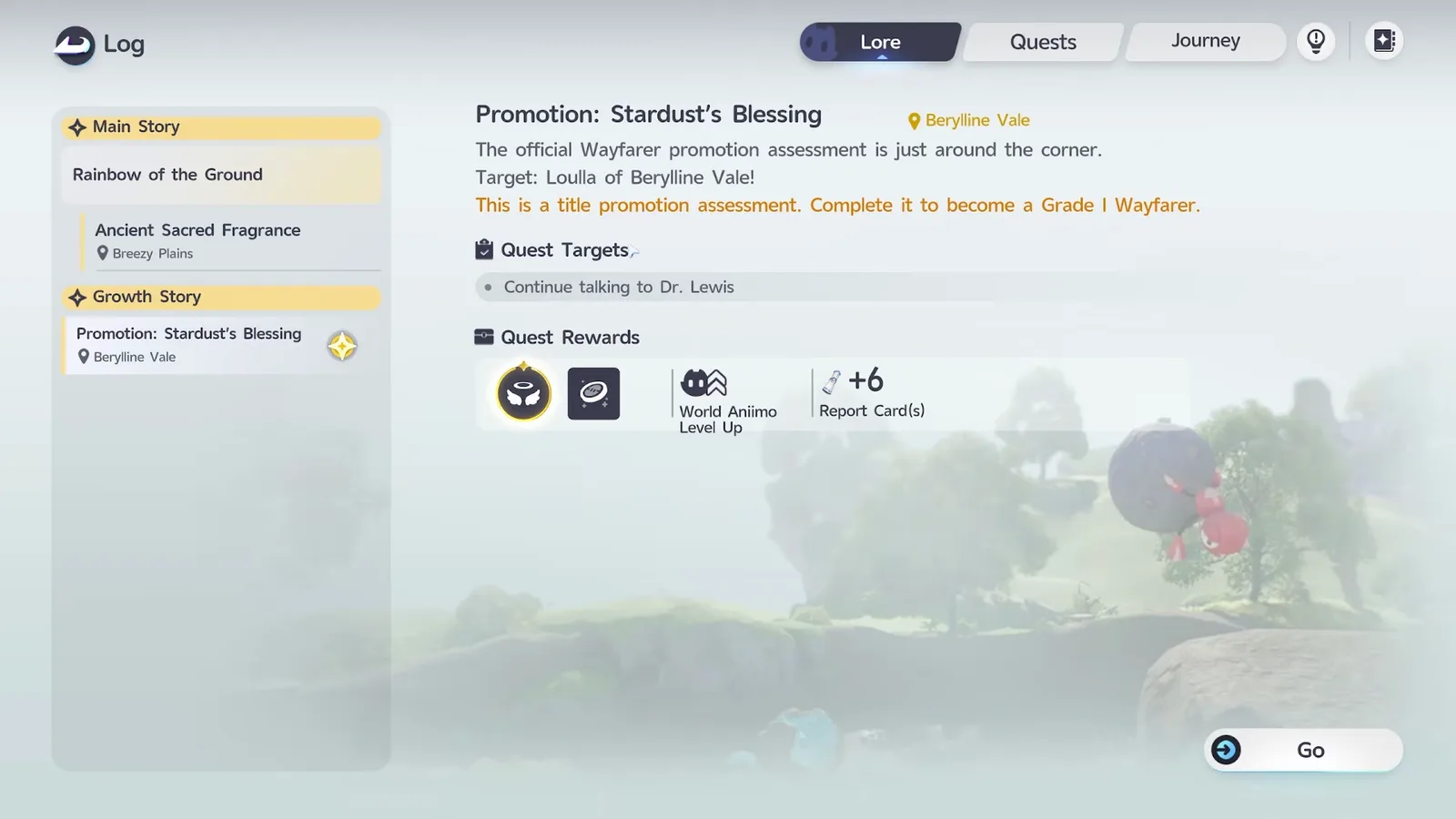 Aniimo’s Log on the Lore tab, with Main Story and Growth Story in the left column and the quest Promotion: Stardust’s Blessing open, reading that completing it makes you a Grade I Wayfarer