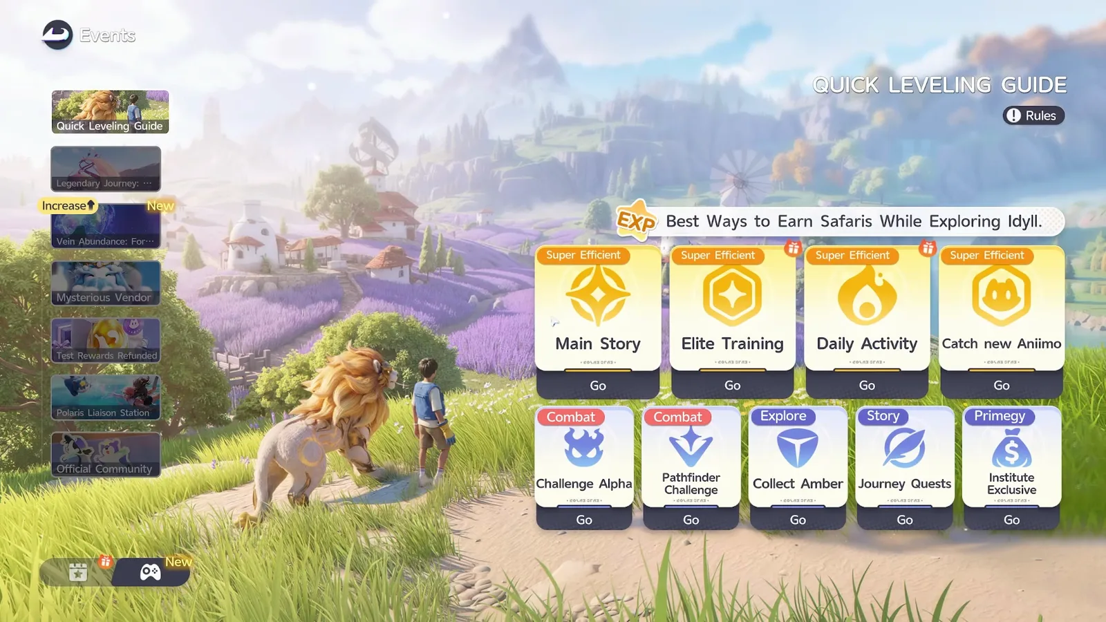 The Quick Leveling Guide panel on page two of Aniimo’s Events tab, headed Best Ways to Earn Safaris While Exploring Idyll, with Super Efficient cards for Main Story, Elite Training, Daily Activity and Catch new Aniimo above Challenge Alpha, Pathfinder Challenge, Collect Amber, Journey Quests and Institute Exclusive, each with a Go button