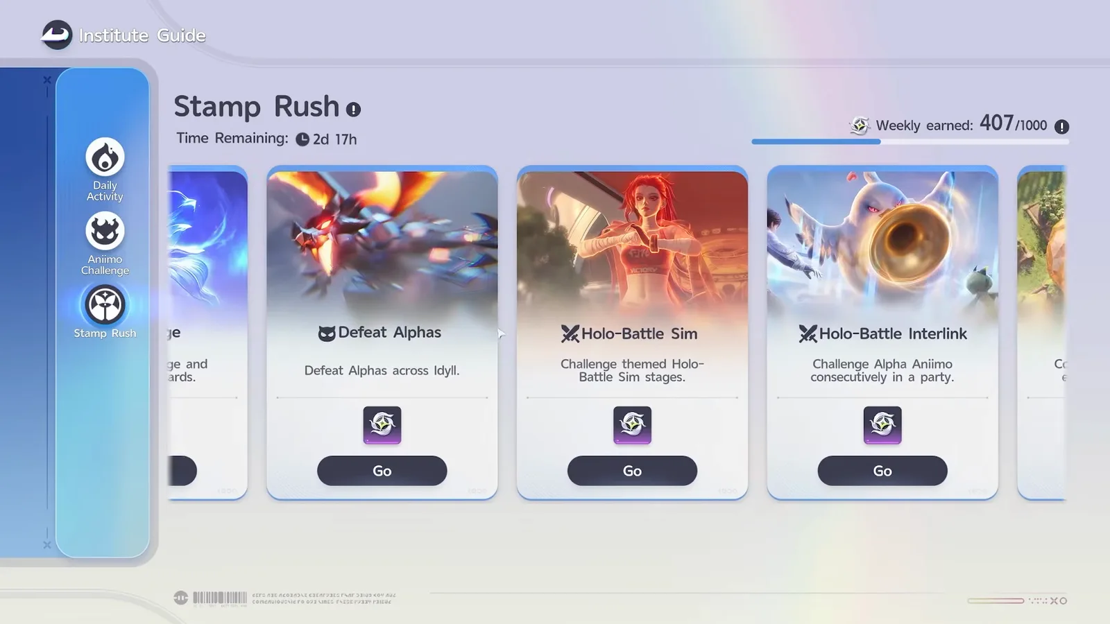 The Stamp Rush tab of Aniimo’s Institute Guide reading Weekly earned: 407/1000 and Time Remaining: 2d 17h, with Defeat Alphas, Holo-Battle Sim and Holo-Battle Interlink cards each carrying a Go button