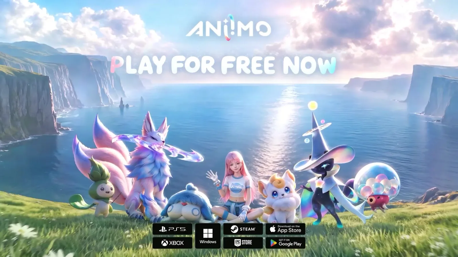 Aniimo Play for Free Now end card on a clifftop, a Pathfinder among Aniimo above badges for PS5, Xbox, Windows, Steam, Epic Games Store, App Store and Google Play