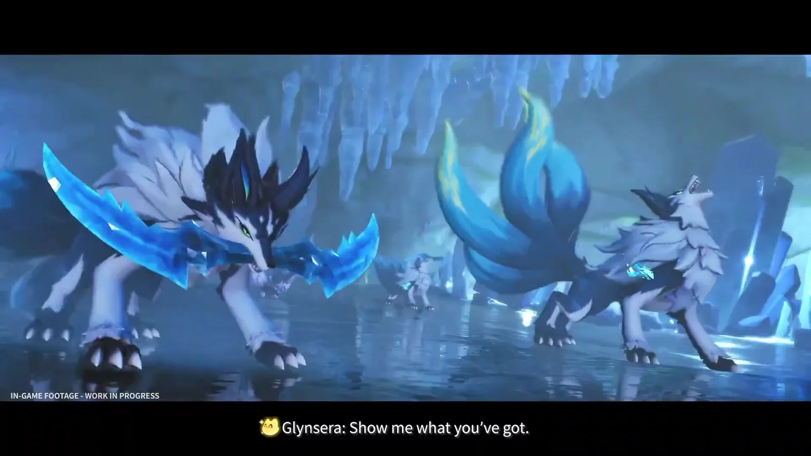 Aniimo Glynsera baring ice blades in a blue crystal cave in the mobile launch trailer, subtitled Glynsera: Show me what you’ve got