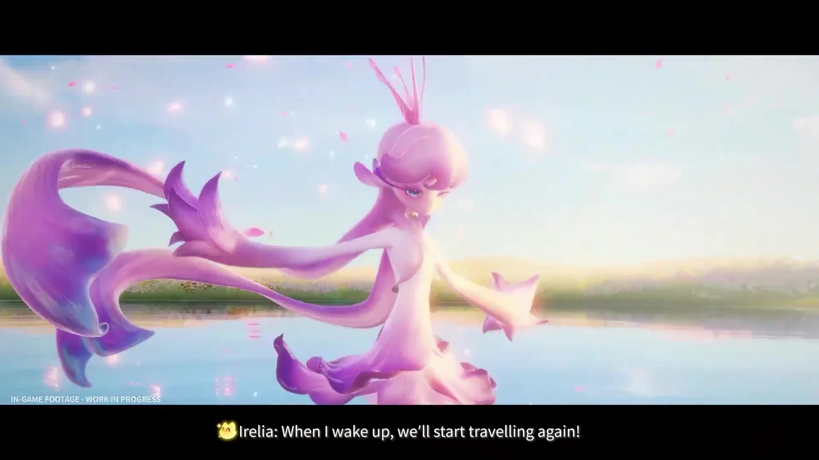 Aniimo Irisalis, subtitled as Irelia, dancing over a lake in pink petal ribbons in the mobile launch trailer: When I wake up, we’ll start travelling again