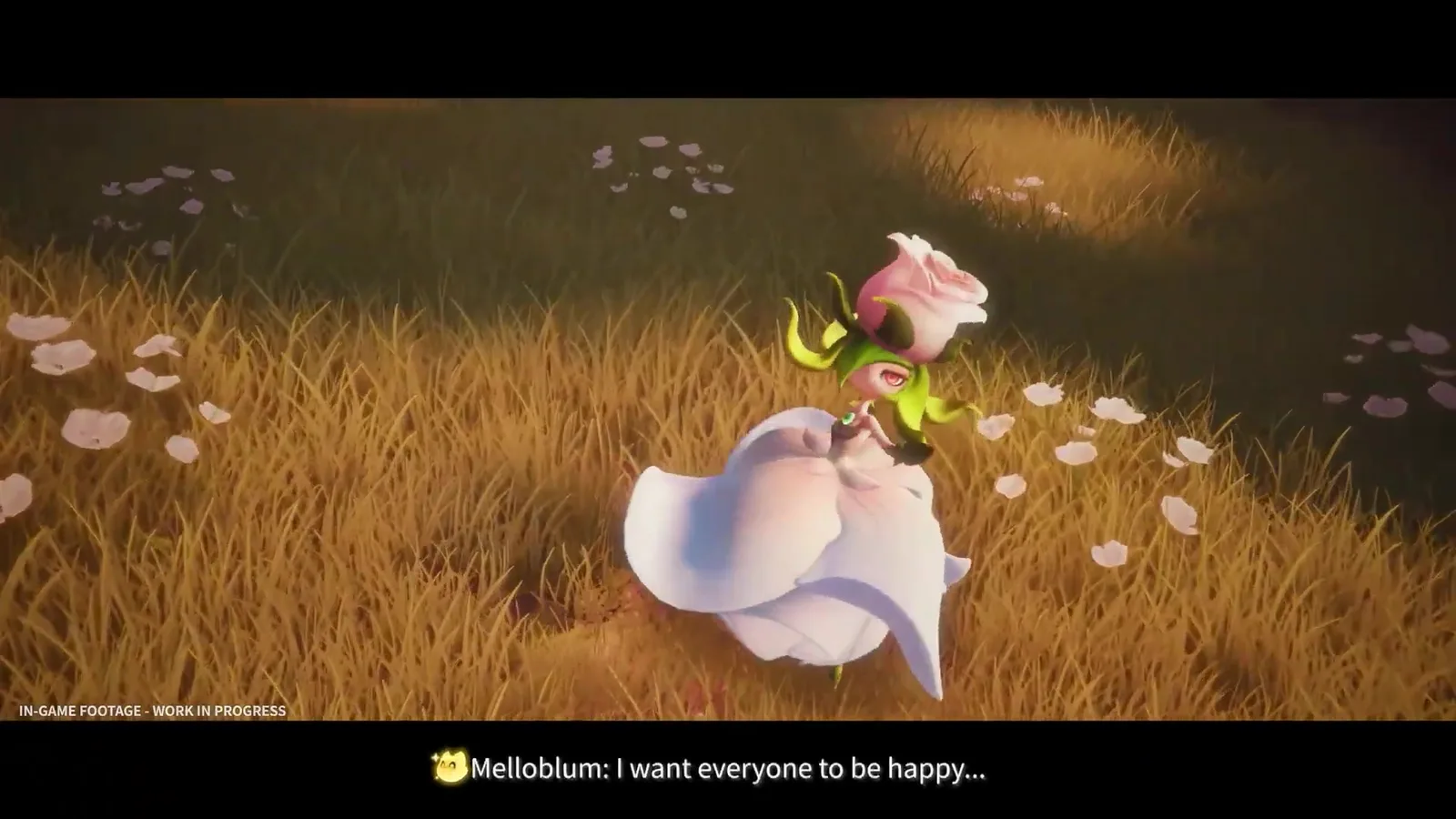 Aniimo Melloblum in a white petal gown dancing through golden grass in the mobile launch trailer, subtitled Melloblum: I want everyone to be happy