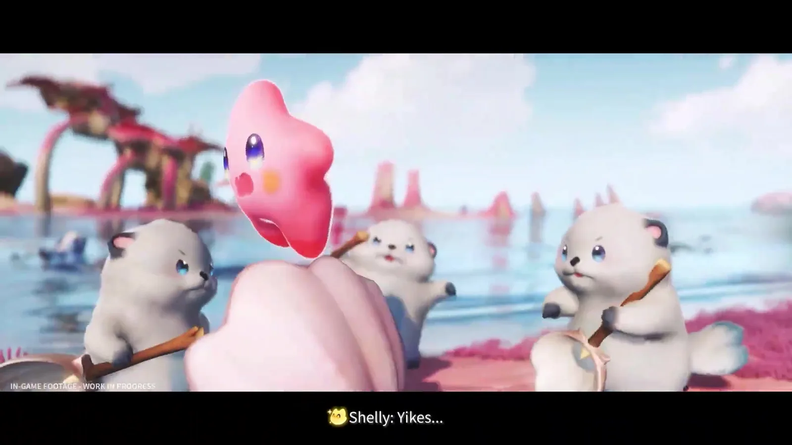 Aniimo Shelly, a pink star, peeking wide-eyed out of its clam as three Susuta hold sticks in the mobile launch trailer, subtitled Shelly: Yikes