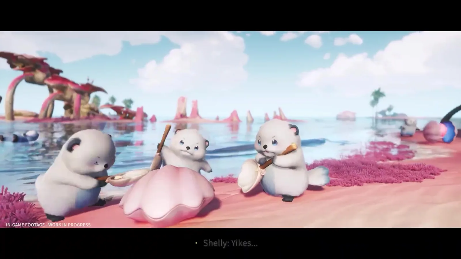 Aniimo Susuta prying at Shelly’s closed pink clam with sticks on a pink beach in the mobile launch trailer, the subtitle Shelly: Yikes fading in