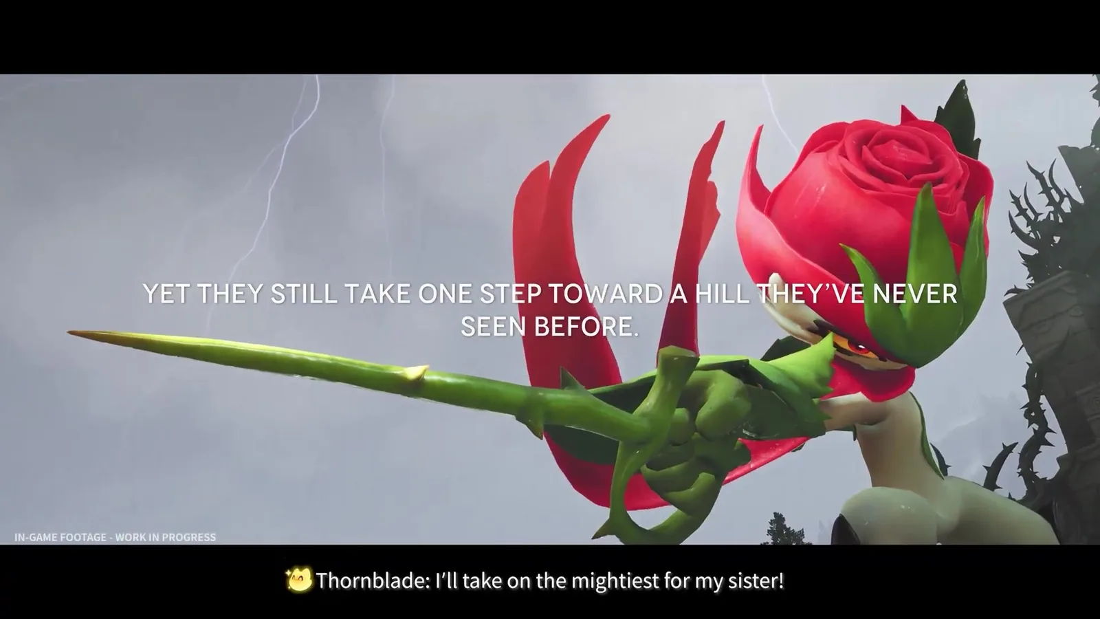 Aniimo Thornblade levelling its thorn rapier under a stormy sky in the mobile launch trailer, subtitled I’ll take on the mightiest for my sister