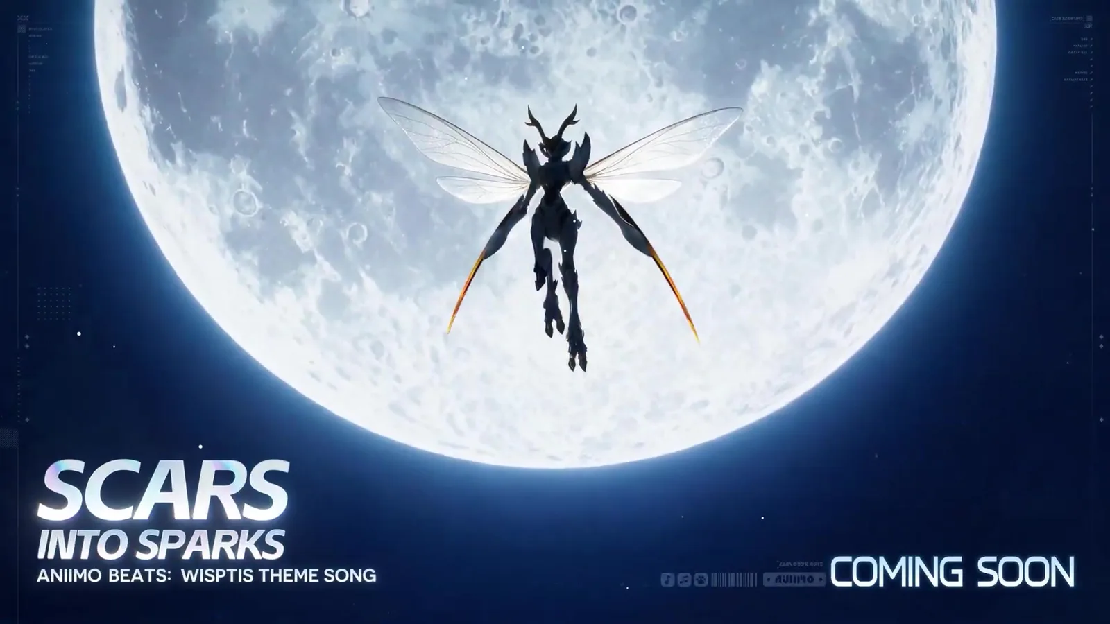 Aniimo Scars into Sparks card, a winged antlered silhouette against a full moon, captioned Aniimo Beats: Wisptis Theme Song, Coming Soon