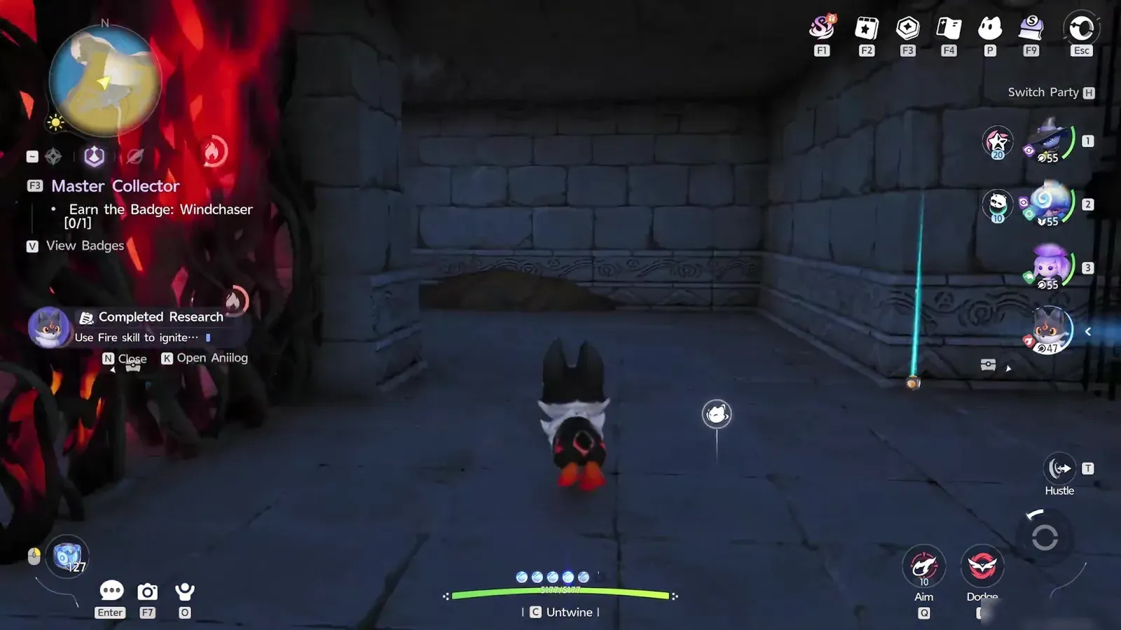Aniimo research note reading Use Fire skill to ignite, with a Fire Aniimo burning the red vines blocking the underground chamber