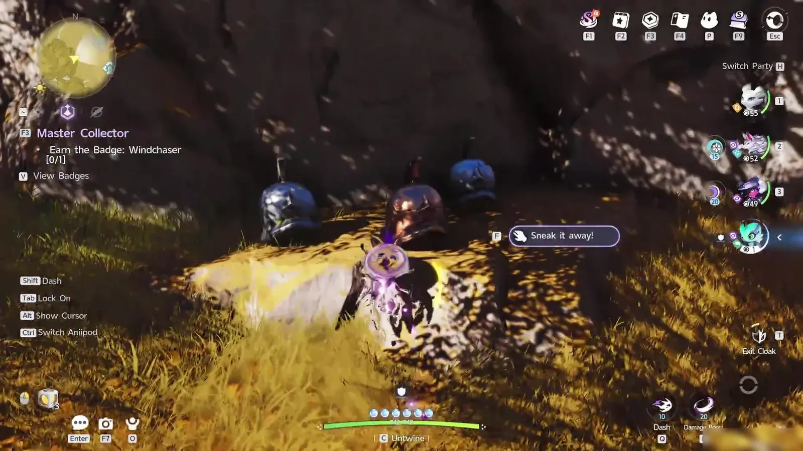 Three Helmut helmets on a rock in Aniimo, one of them golden, with the Sneak it away prompt and the Exit Cloak button lit