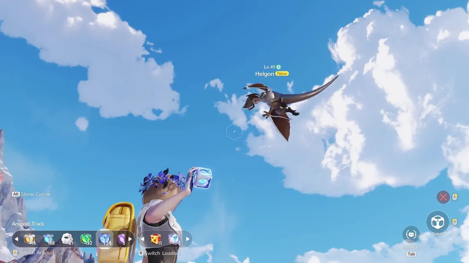 Mountain Form Helgon flying over the Russet Highlands rock pillars in Aniimo at Lv.49, marked New, with a tracer Aniipod in hand