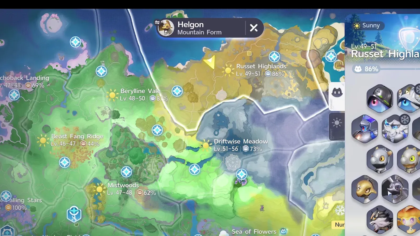 Mountain Form Helgon on the Aniimo map, Russet Highlands at Lv.49 to 51 and 86 per cent collection with the region panel open