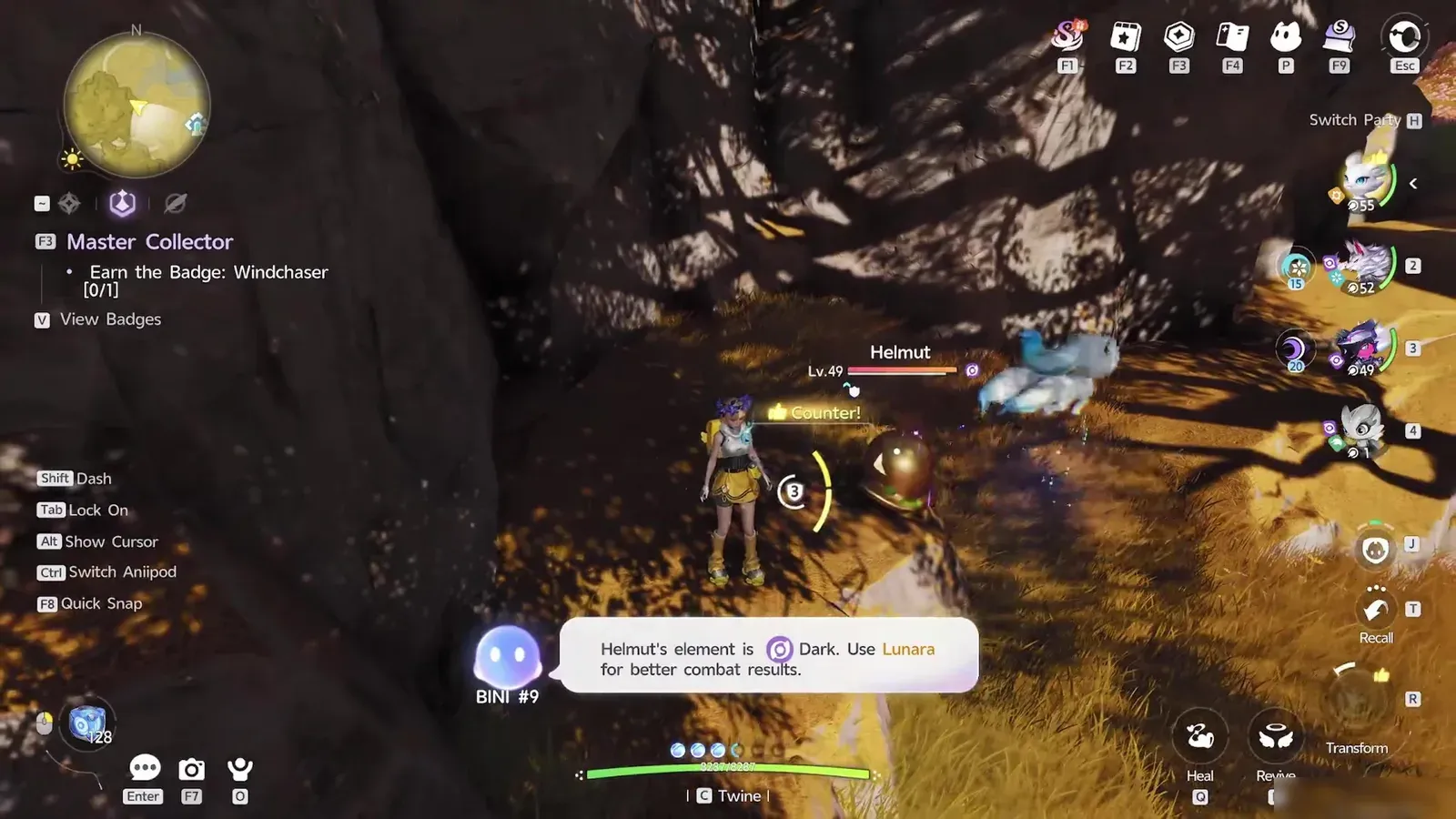 Aniimo combat hint reading Helmut’s element is Dark, use Lunara for better combat results, over a Lv.49 Helmut health bar