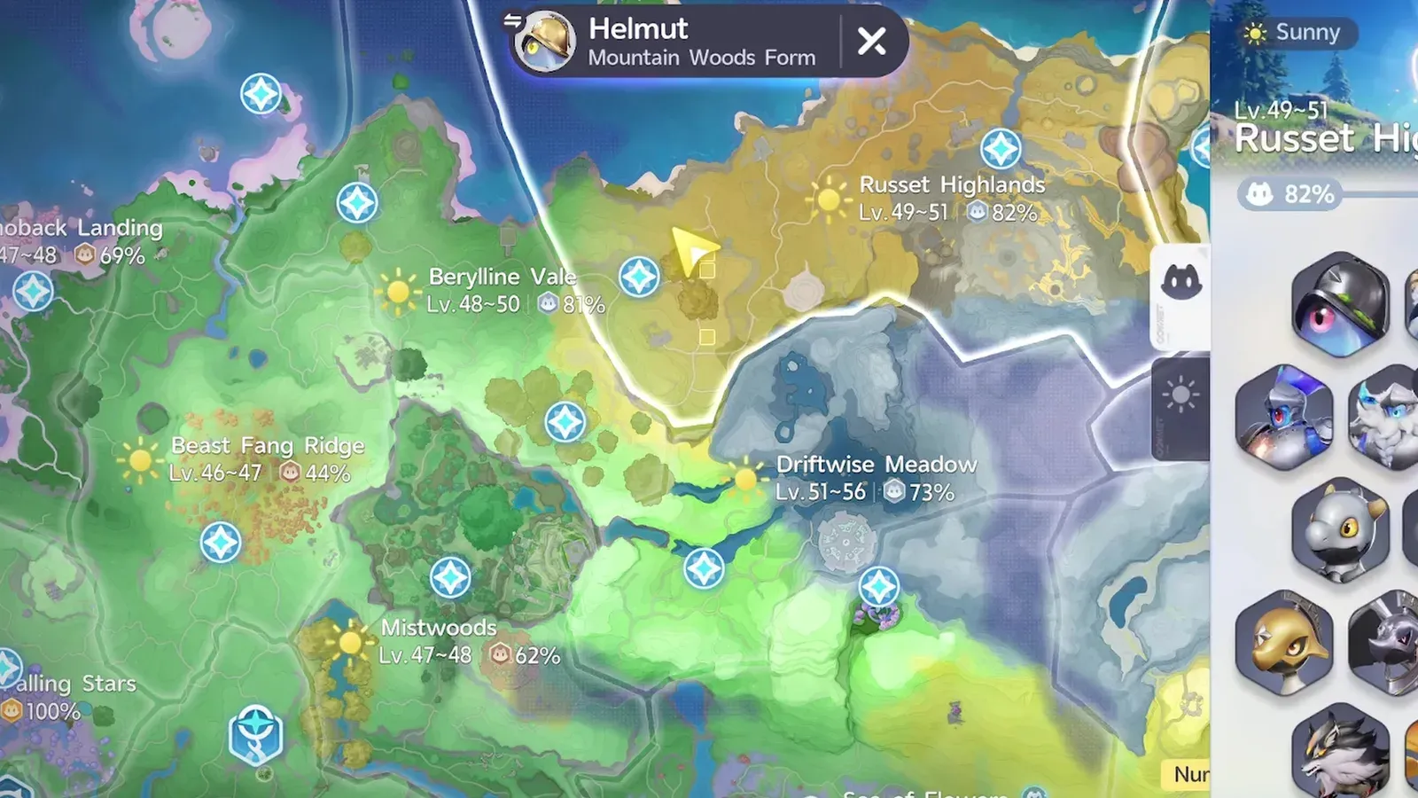 The Aniimo map headed Helmut, Mountain Woods Form, with Russet Highlands marked Lv.49 to 51 at 82 per cent collection progress