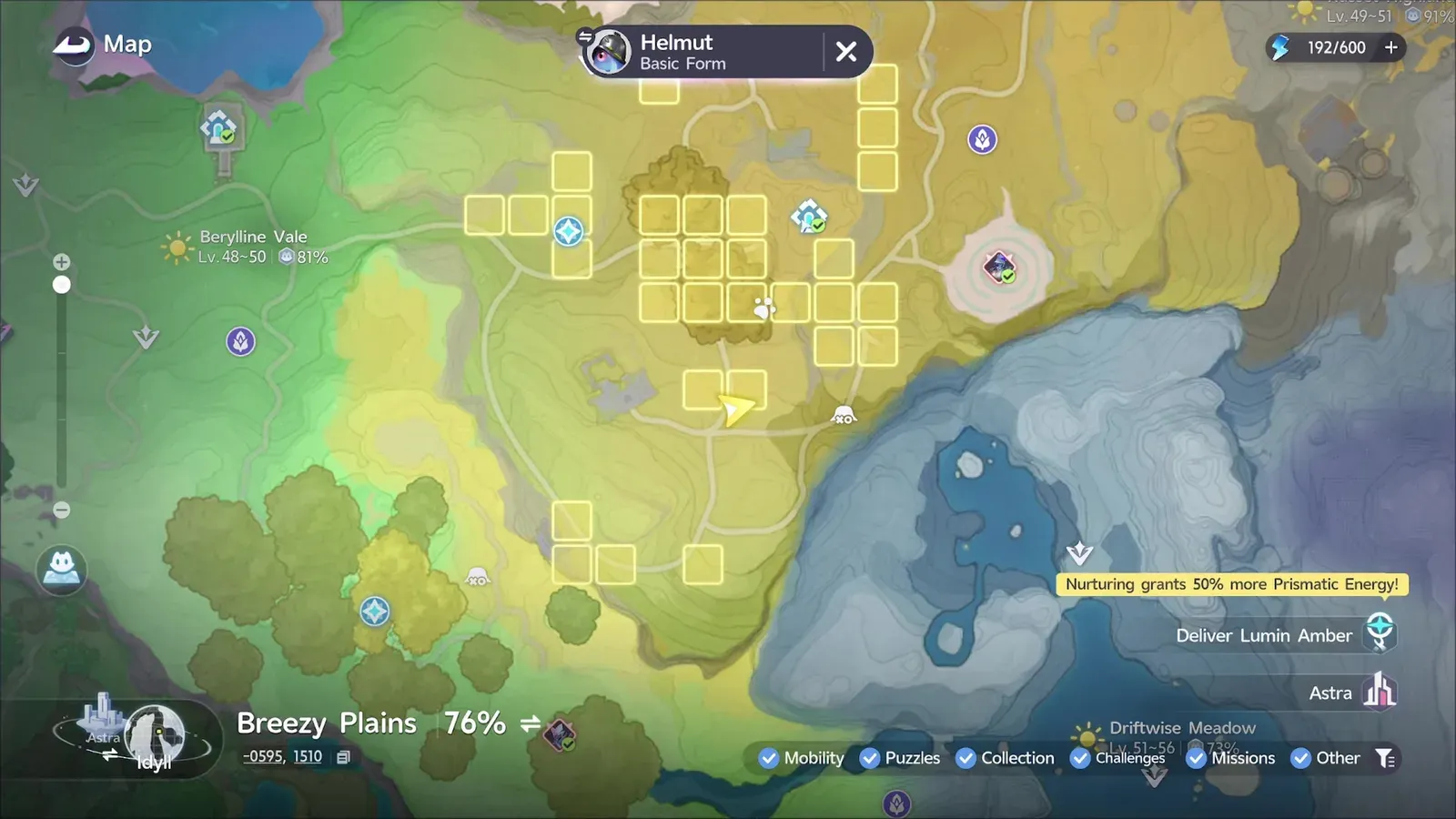 The Aniimo map with Helmut Basic Form selected, its Russet Highlands spawn squares lit in yellow at Breezy Plains 76 per cent